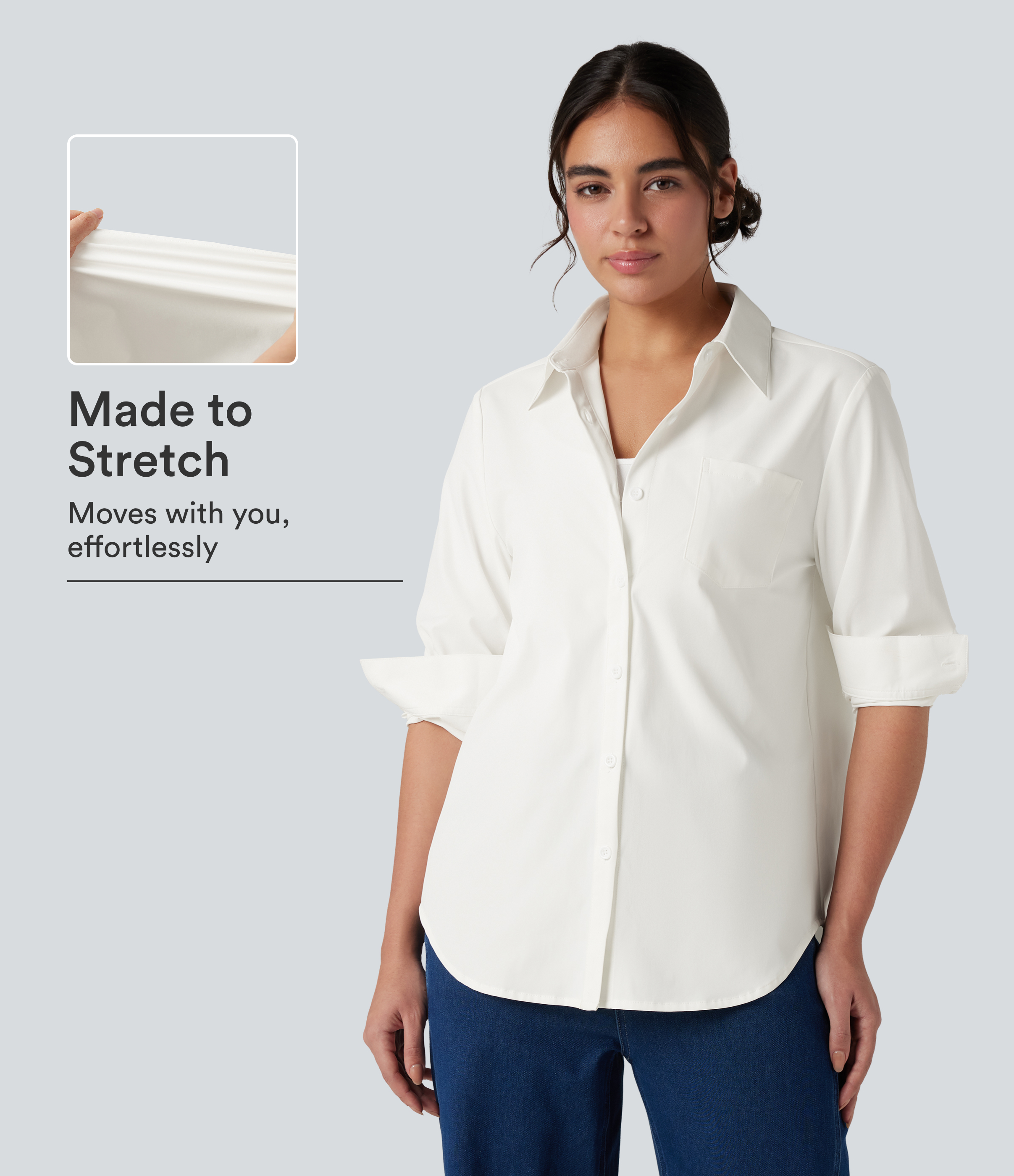 Blanco Camisa de trabajo con cuello, manga larga, bajo curvo y bolsillo en el pecho / 1