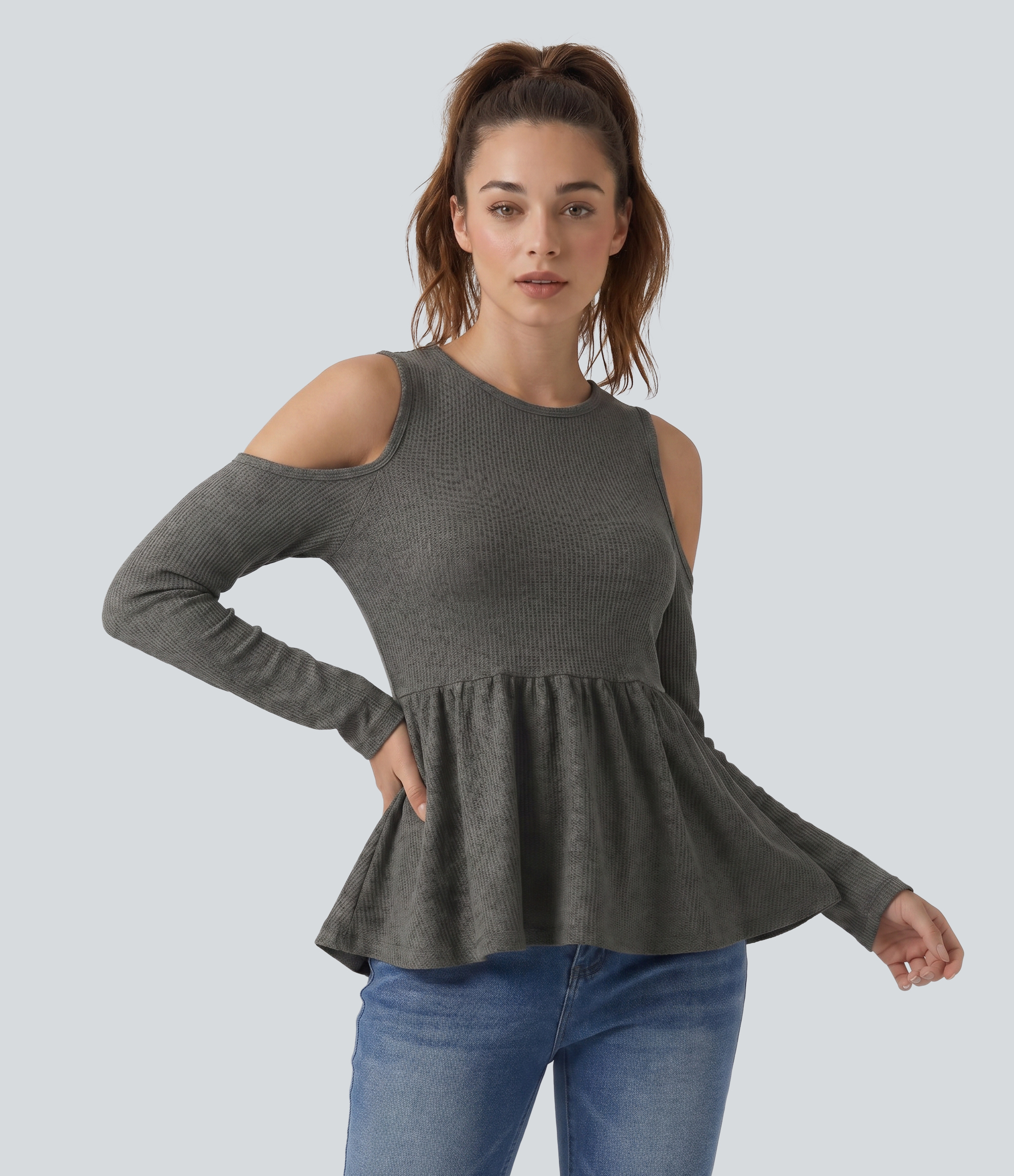Round Neck Cut Out Long Sleeve Ruffle Hem Waffle Casual T-Shirt