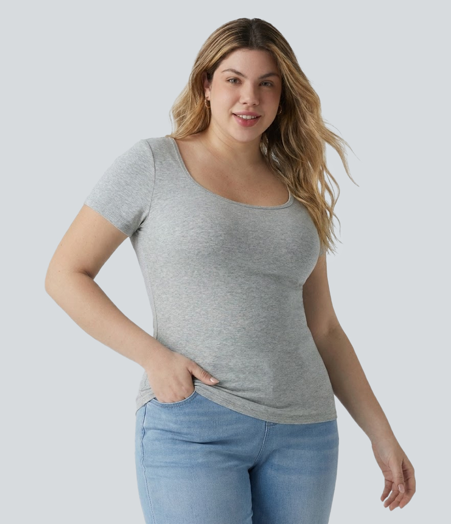 Halara Cotton Jersey Square Neck Short Sleeve Ultra-slim Heathered Casual Plus Size T-Shirt