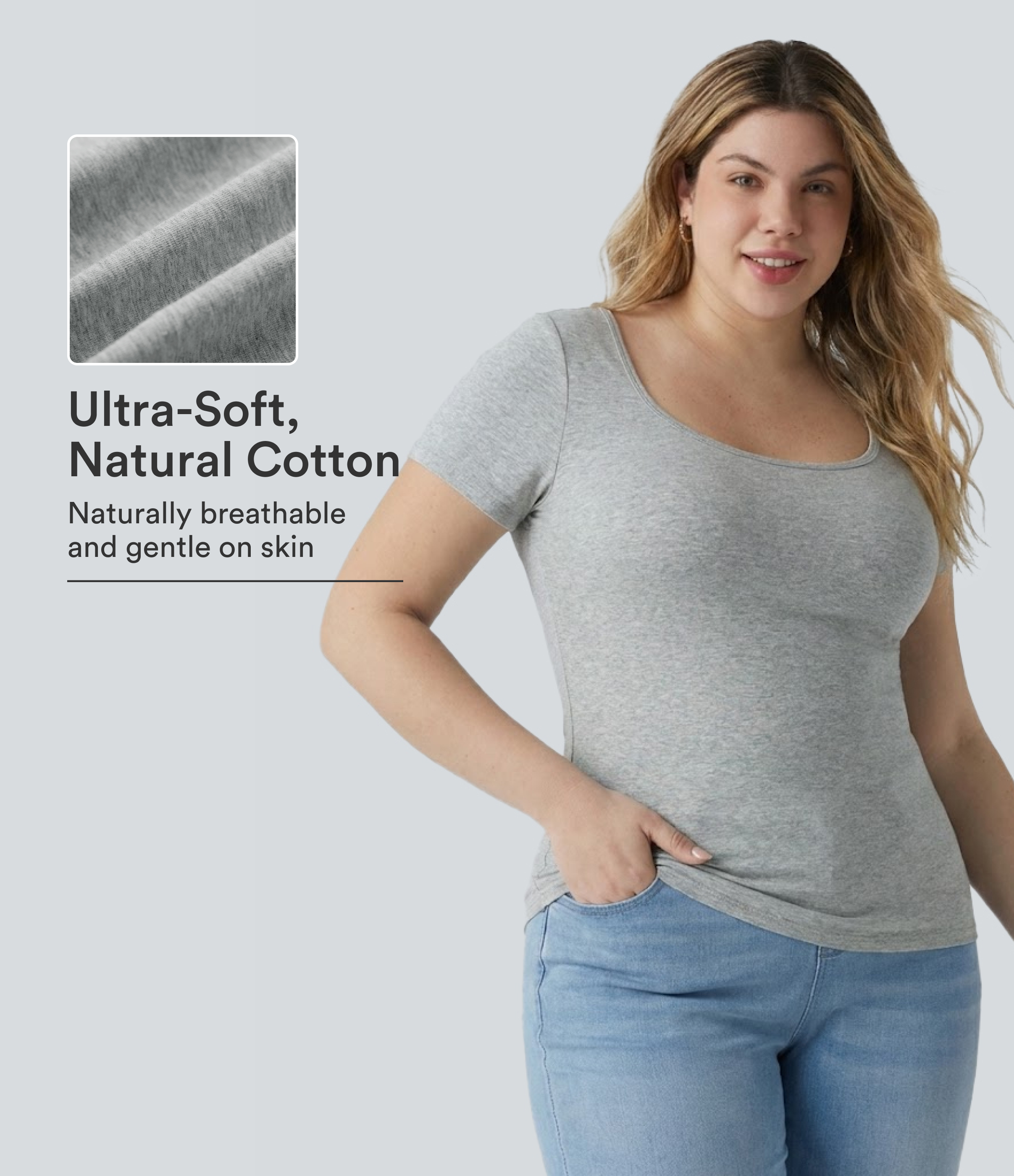 Halara Cotton Jersey Square Neck Short Sleeve Ultra-slim Heathered Casual Plus Size T-Shirt