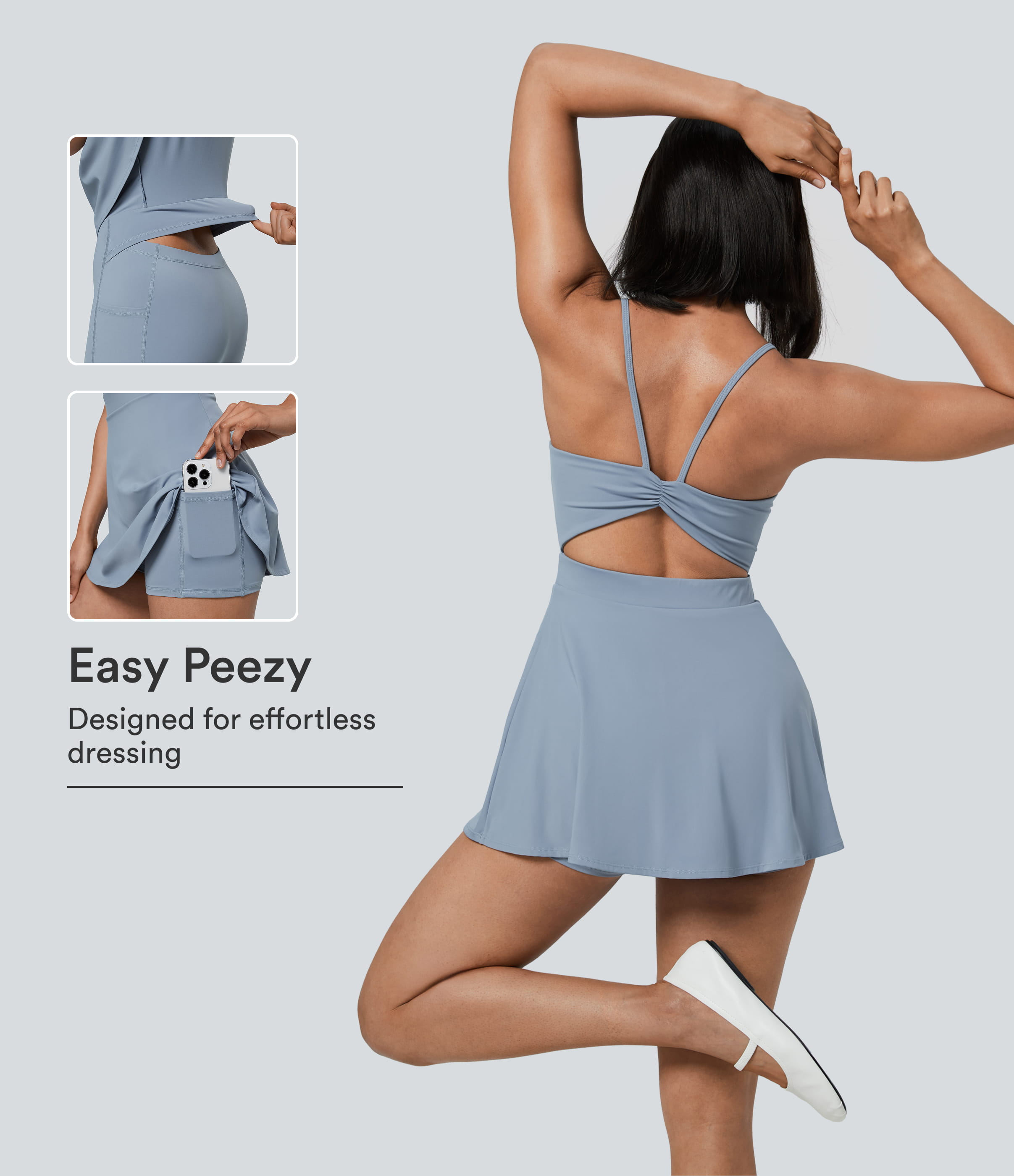 Snowflake Blue Gerüschtes 2-in-1 Mini-Slip-Casual-Kleid mit Tasche – Easy Peezy-Edition / 1