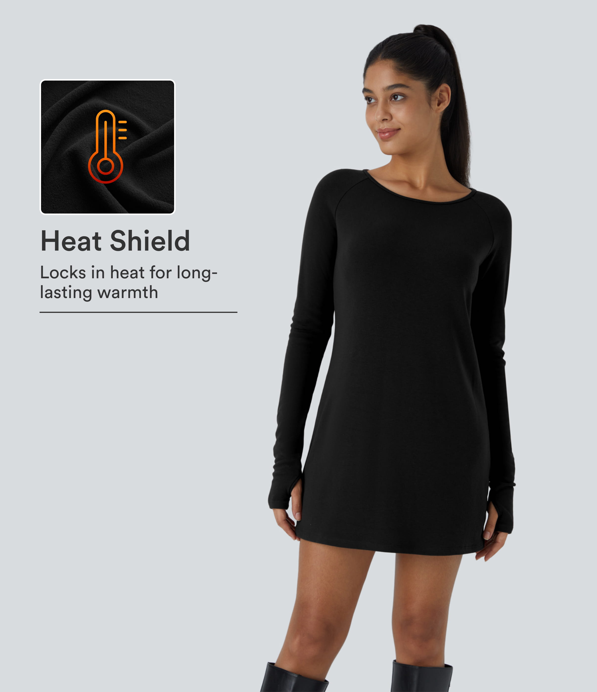 Negro Minivestido cálido raglán de manga larga con abertura para el pulgar, de estilo informal / 1