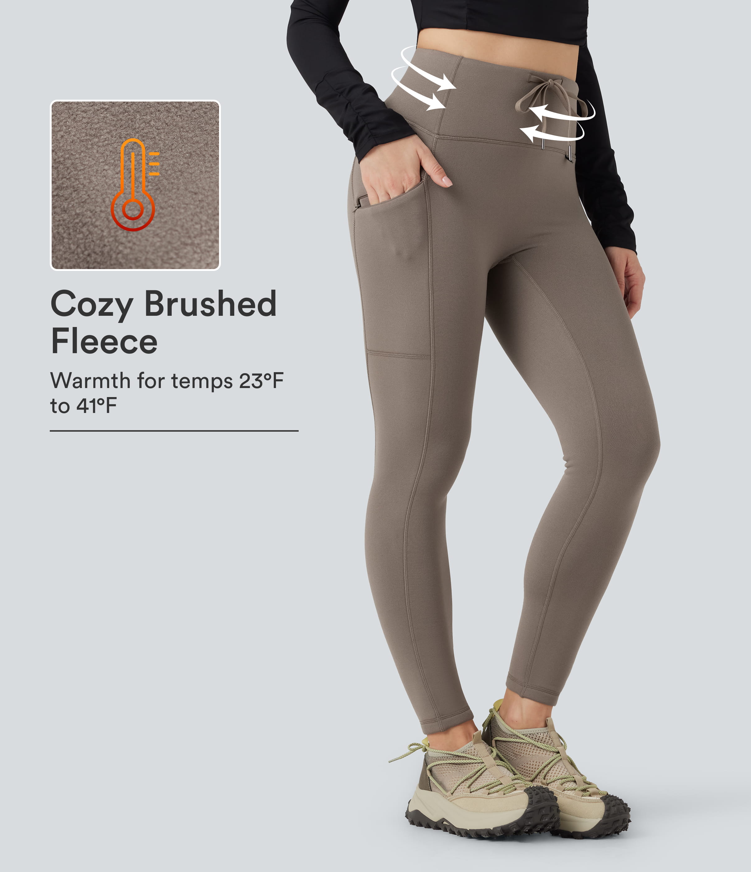 High Waisted Drawstring Fleece 7/8 Hiking Leggings with Pocket