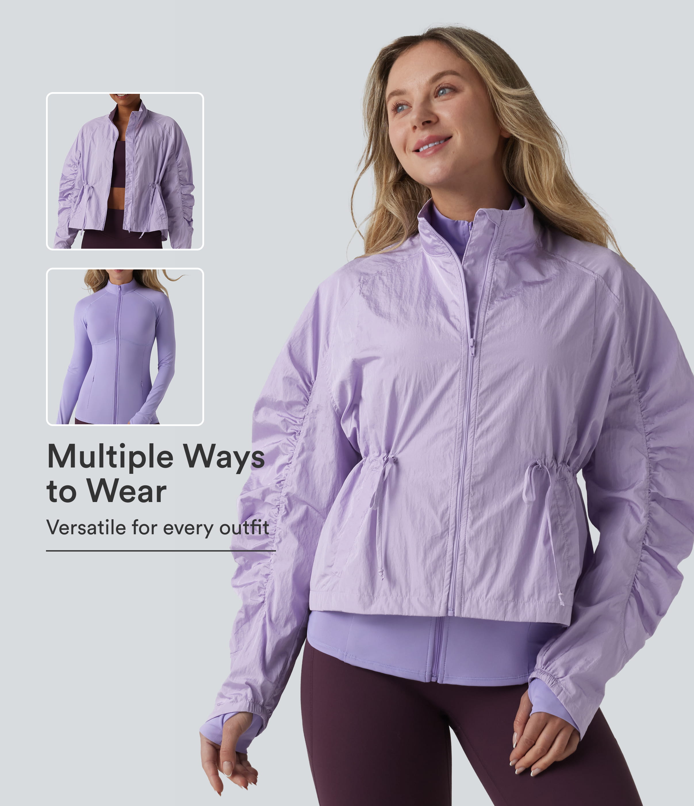 Durable Water Repellent Stand Collar Ruched Sleeve Drawstring Thumb Holes Hiking 3-in-1 Jacket with Pockets