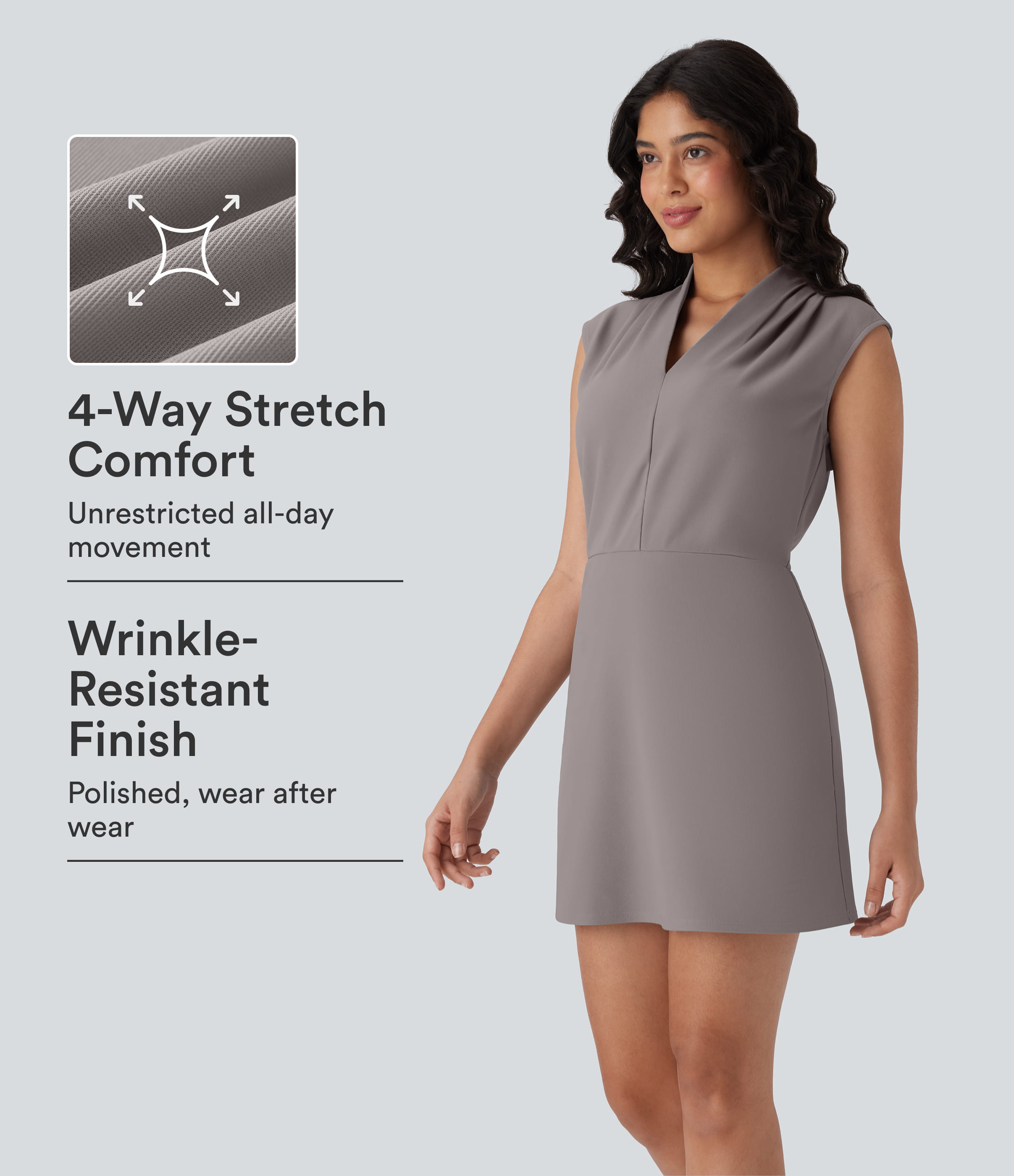 Robe de travail courte sans manches Halara Flex™ à col en V, plissée, en micro gaufré avec poches