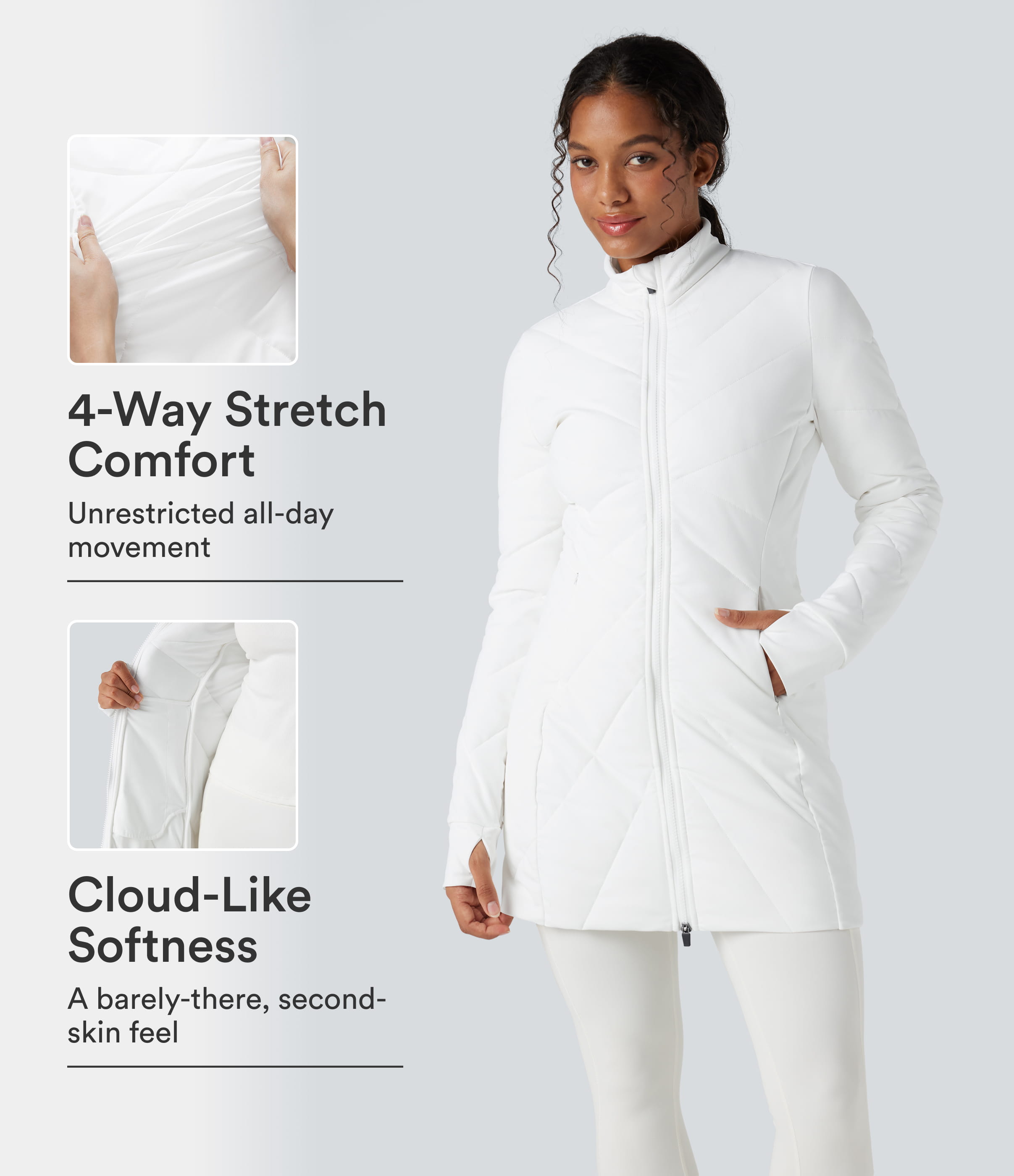 PuffFlex Stand Collar Double Zipper Thumb Holes Casual Padded Jacket with Pockets