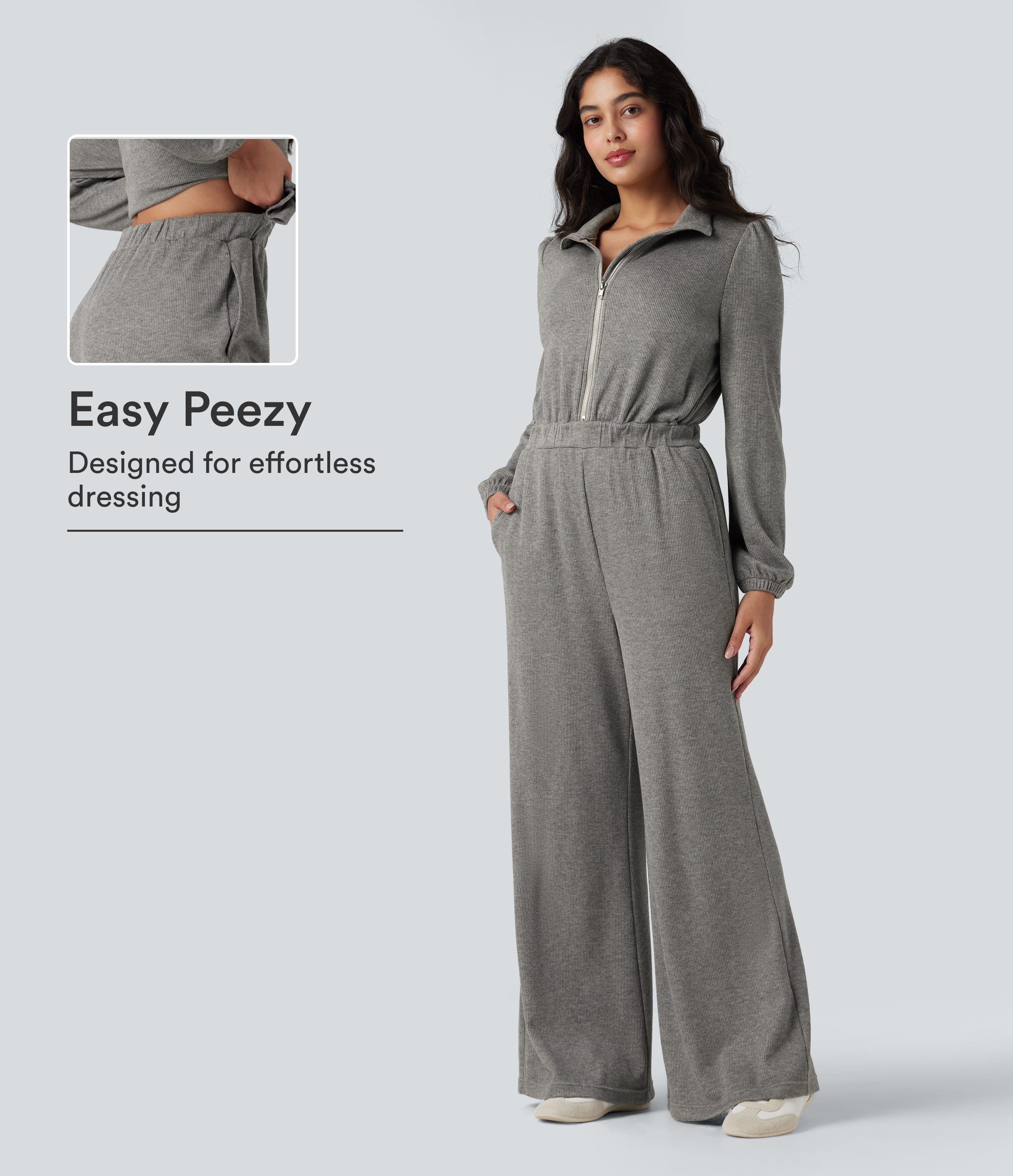 Pebble Grey Half Zip Long Sleeve Wide Leg Casual Jumpsuit with Pockets-Easy Peezy Edition / 1