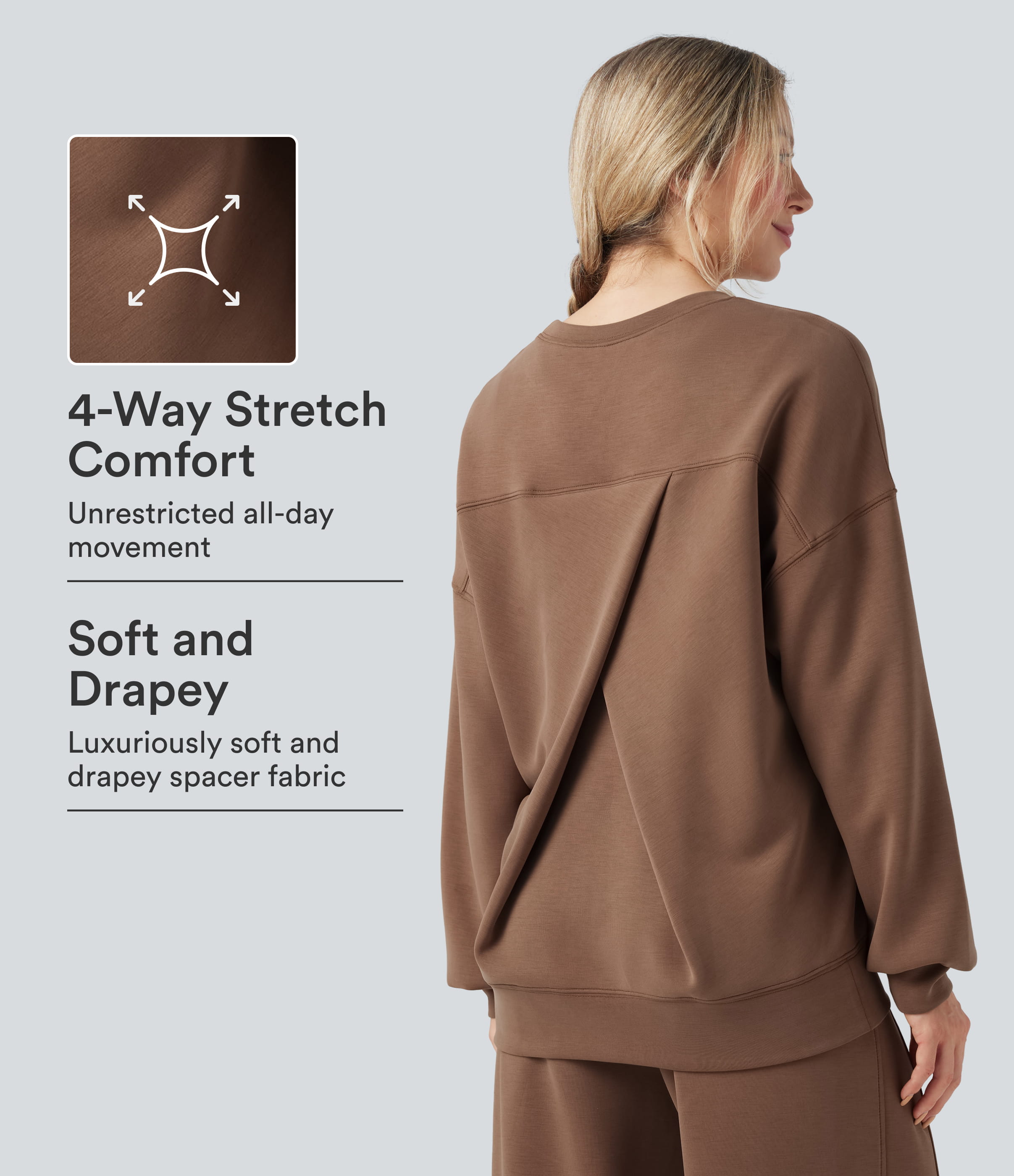 SpacerTek™ Round Neck Long Sleeve Crossover Back Casual Sweatshirt with Pockets
