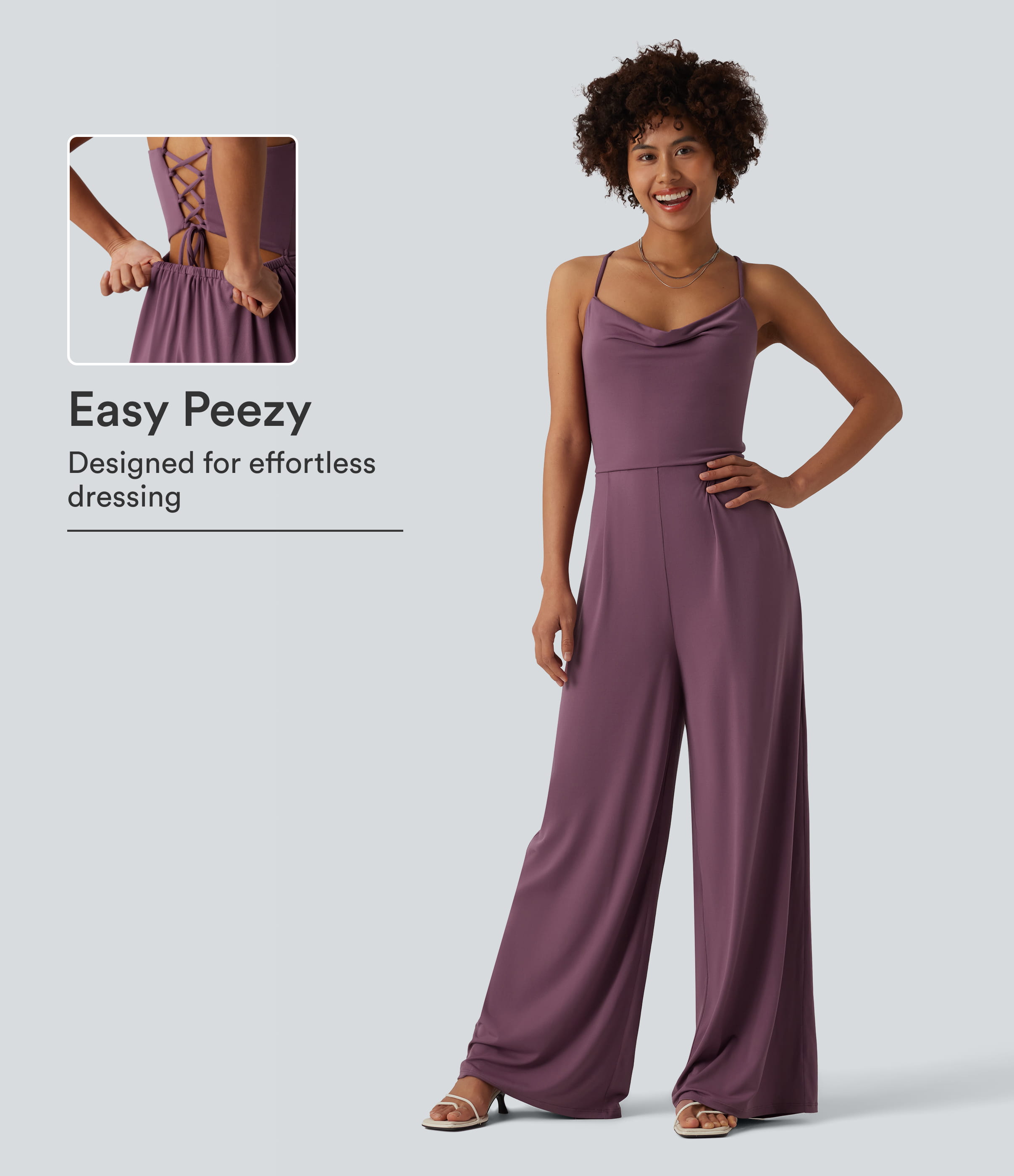 Cowl Neck Lace Up Slip Jumpsuit with Pockets-Easy Peezy Edition