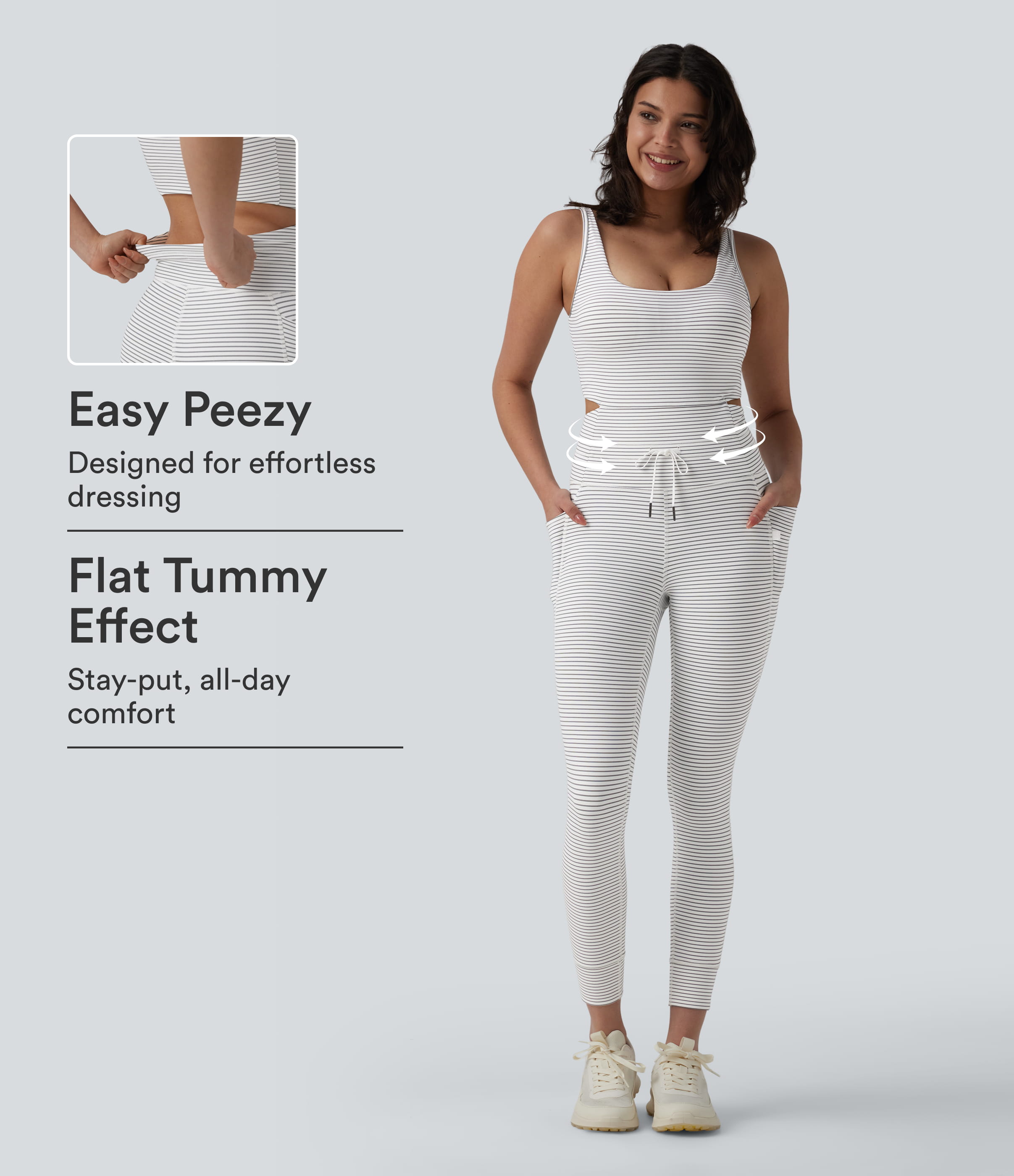 U Neck Cut Out Drawstring Tummy Control Stripe Yoga Jumpsuit with Pockets-Easy Peezy Edition