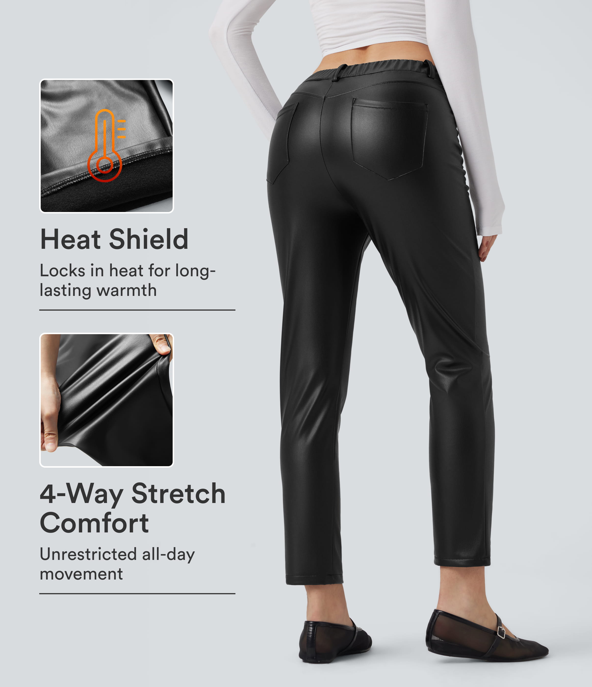 Pantalon Casual Fuselé 7/8 Extensible en Polaire PU à Hauteur Moyenne avec Poches