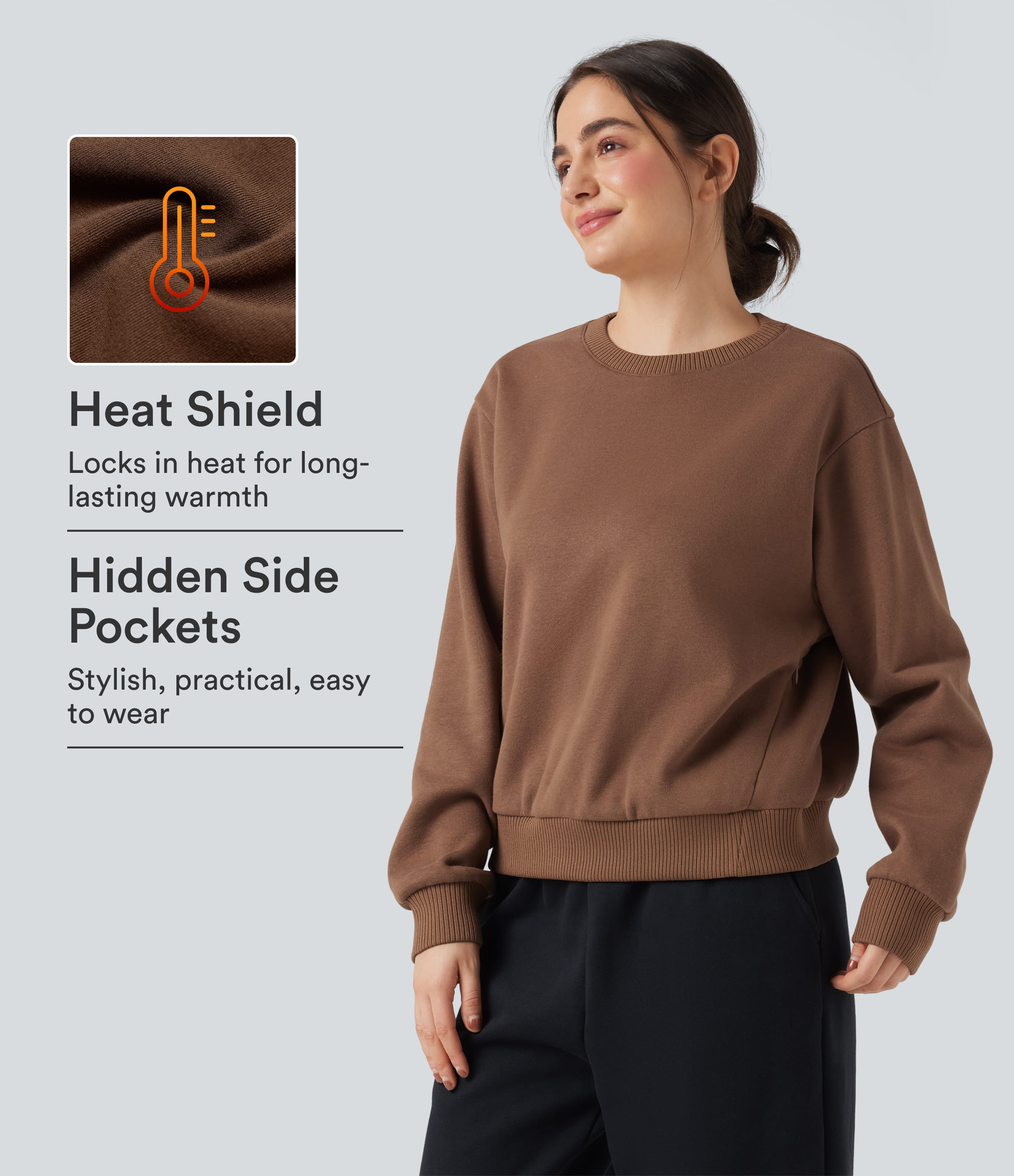 Round Neck Long Sleeve Fleece Casual Cotton Sweatshirt with Pockets
