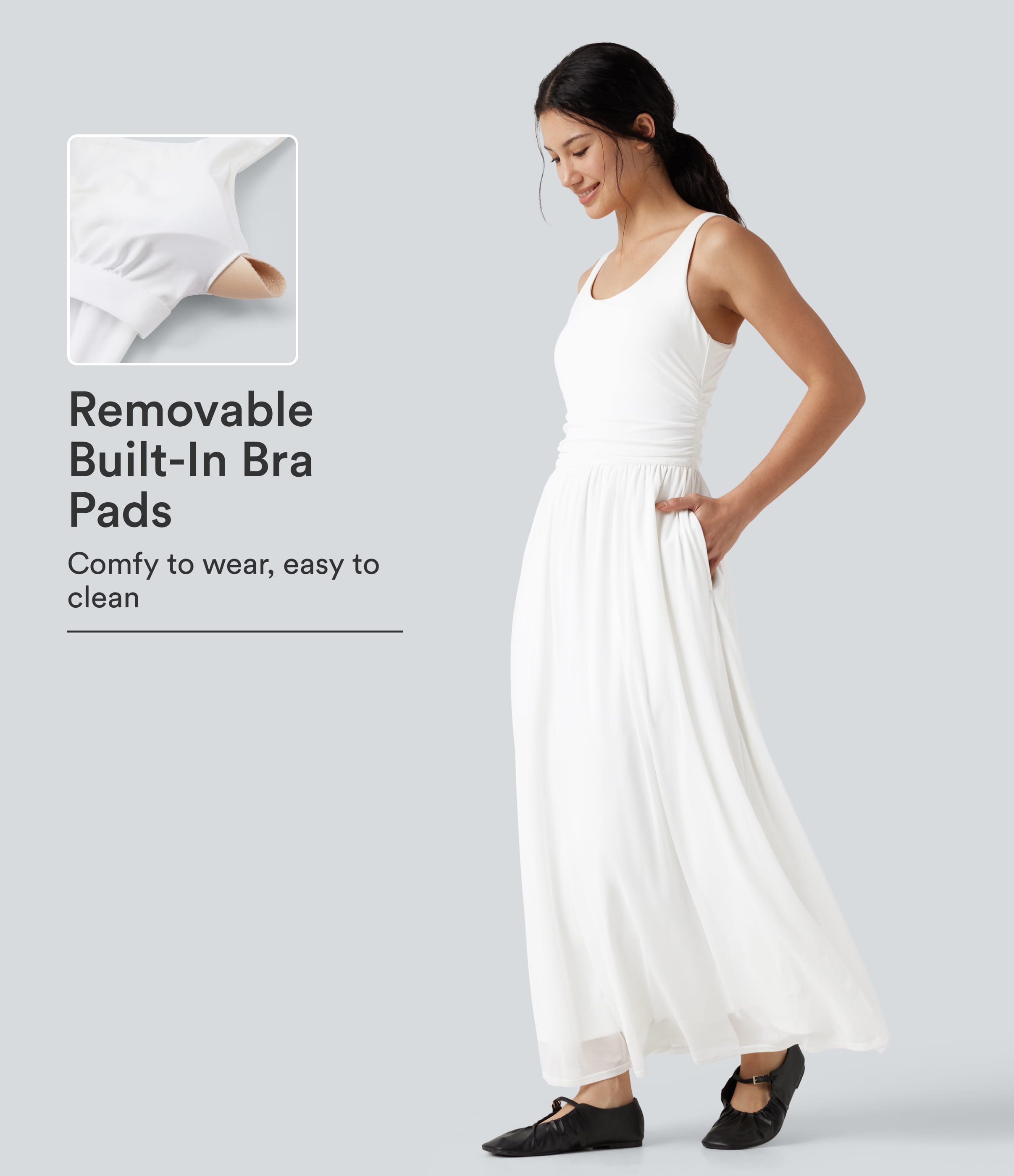 U-Neck Sleeveless Mesh Overlay Built-in Bra Maxi Casual Flowy Dress with Pockets