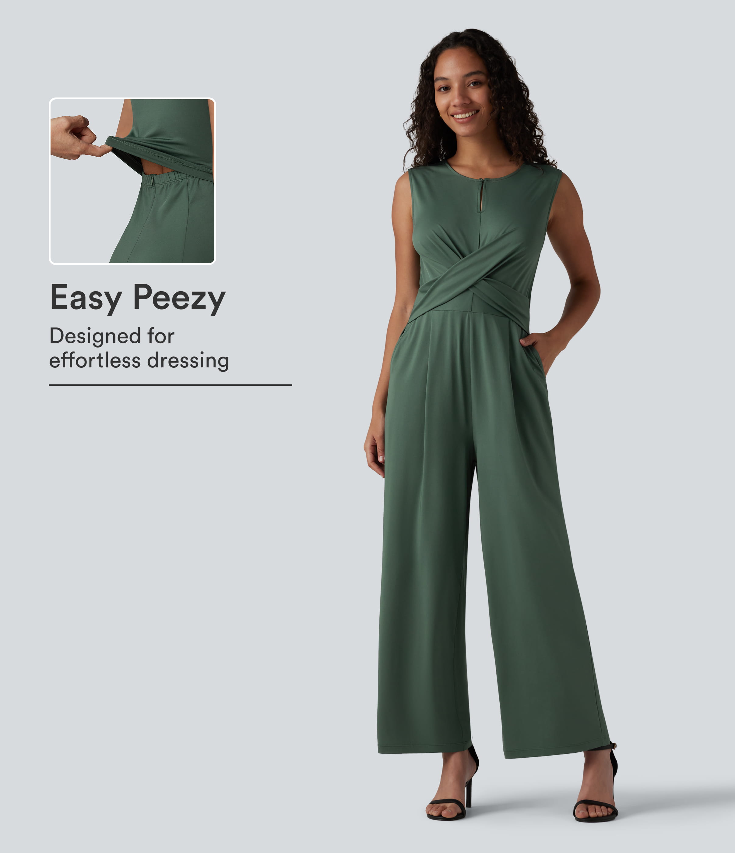 Round Neck Sleeveless Crossover Waist Work Straight-leg Jumpsuit with Pockets-Easy Peezy