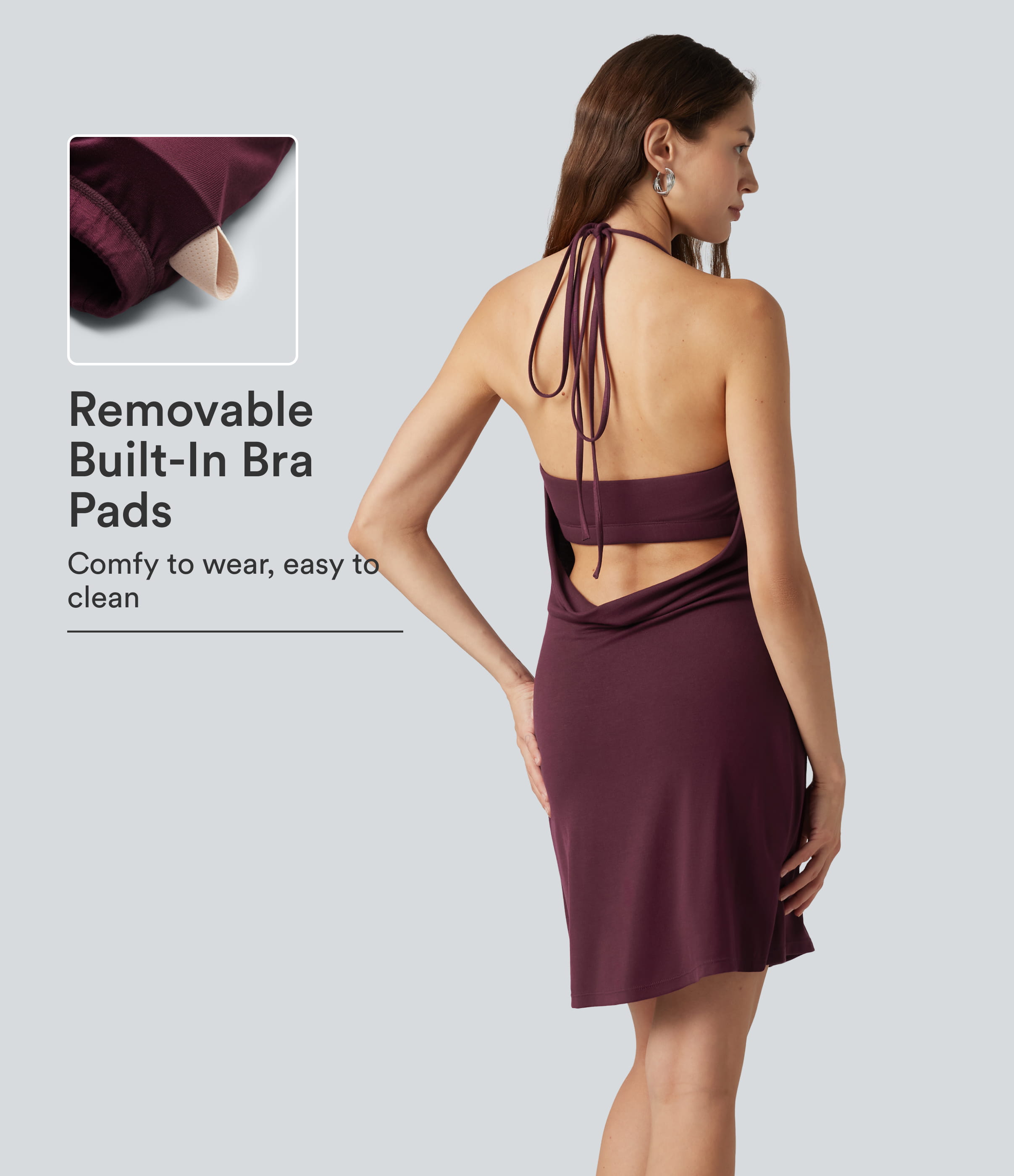 Ribbed Halter Cowl Neck Backless Built-in Bra Mini Casual Dress