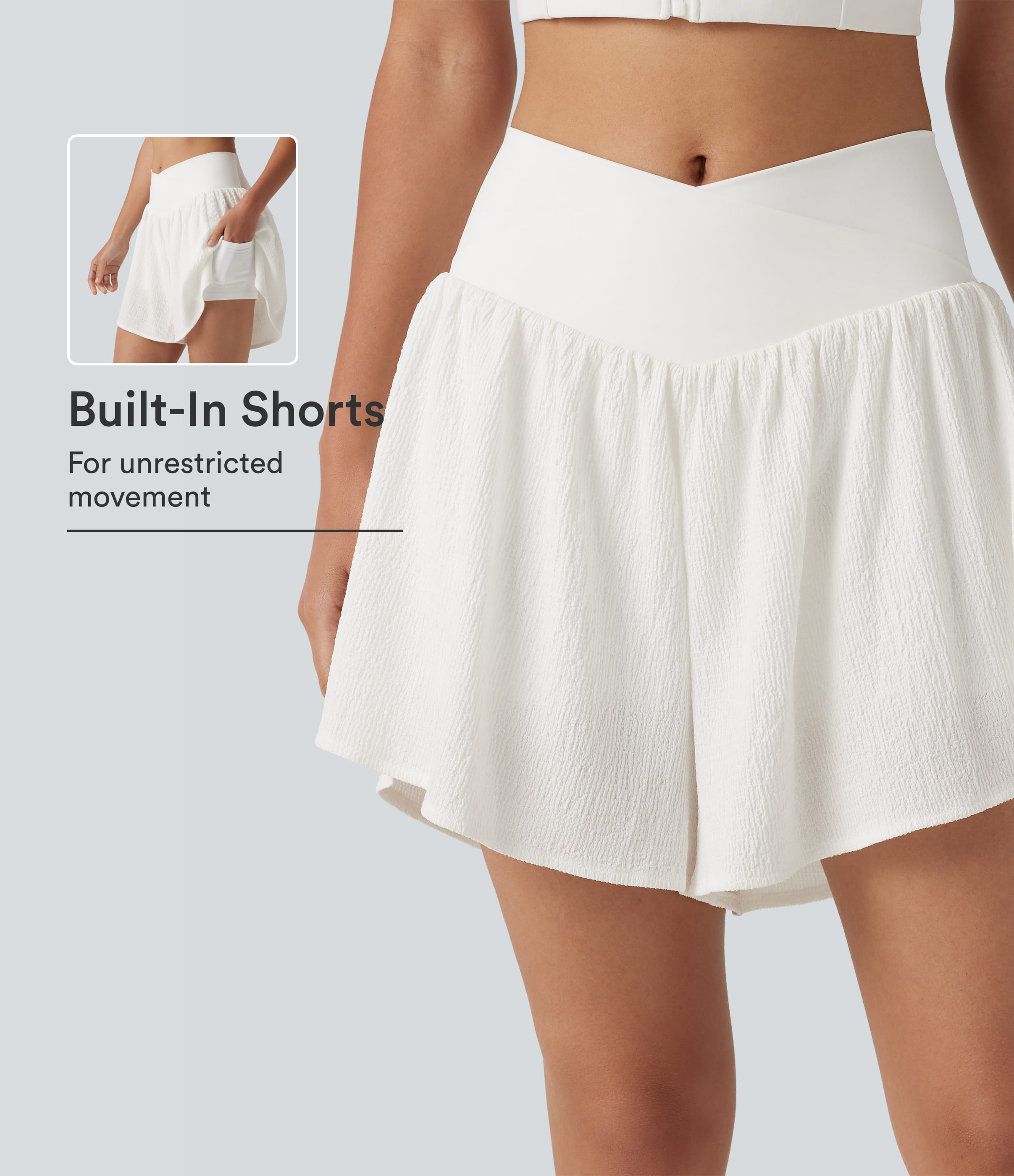 Crossover High-waisted Split Hem 2-in-1 Crinkle Running Shorts with Pockets