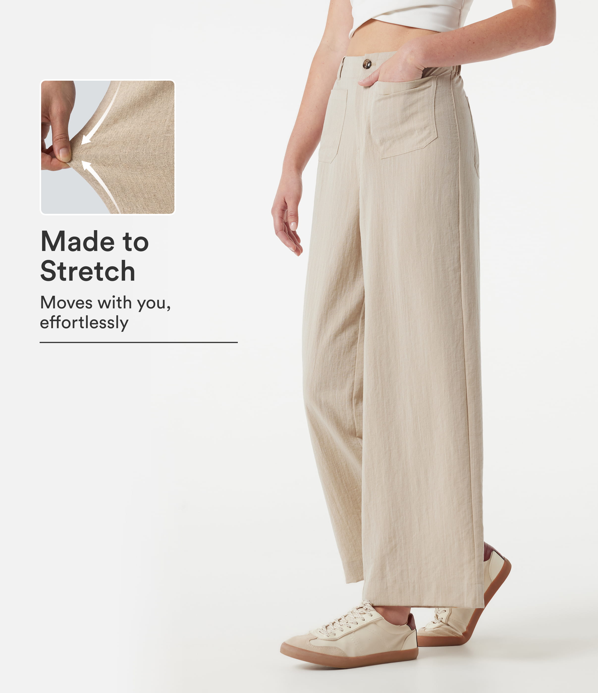 High Waisted Wide Leg Casual Linen-Feel Pants with Pockets