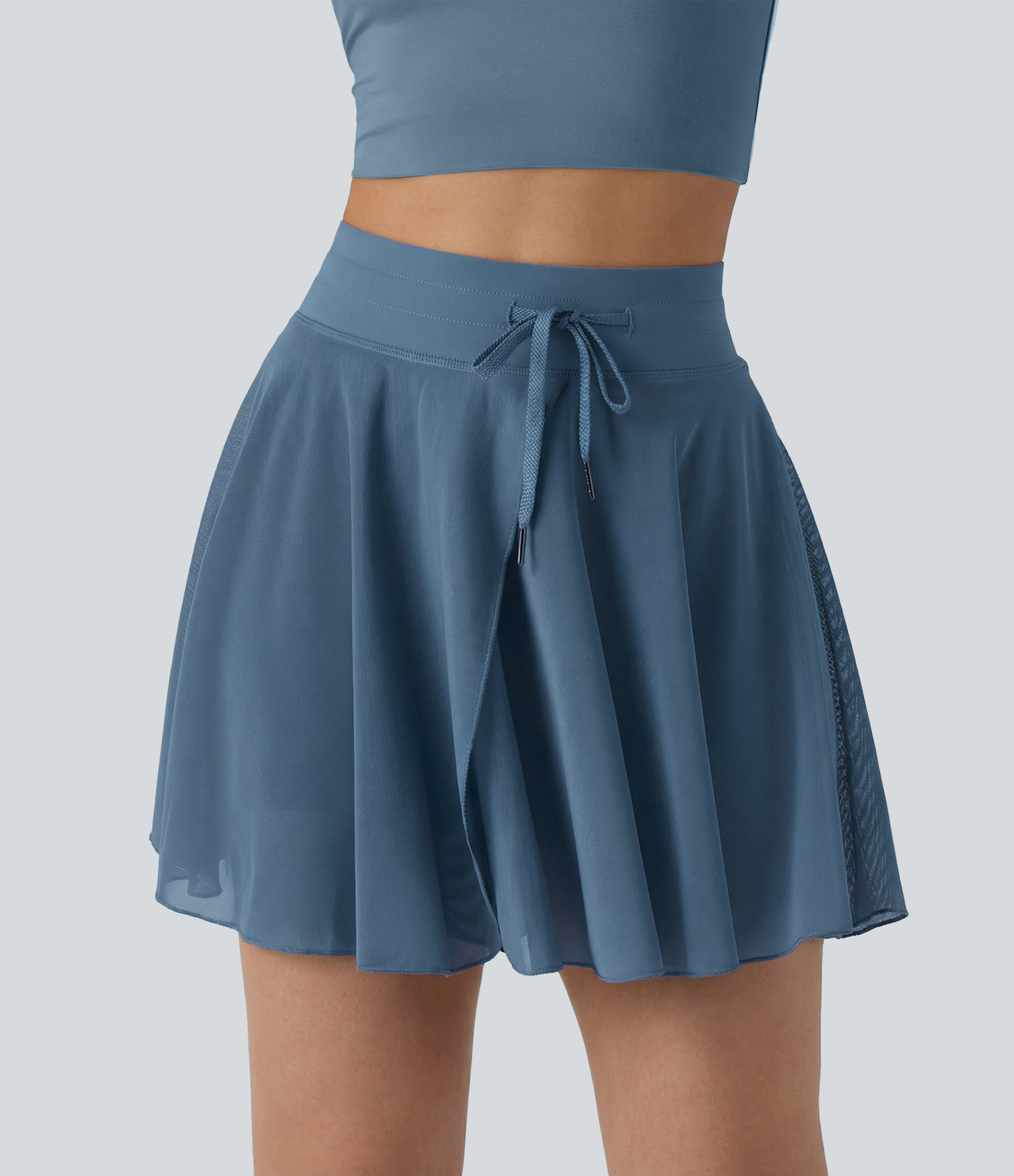 High Waisted Drawstring Contrast Mesh 2-in-1 Pocket Flowy Mini Flare Casual Skirt-Longer Length