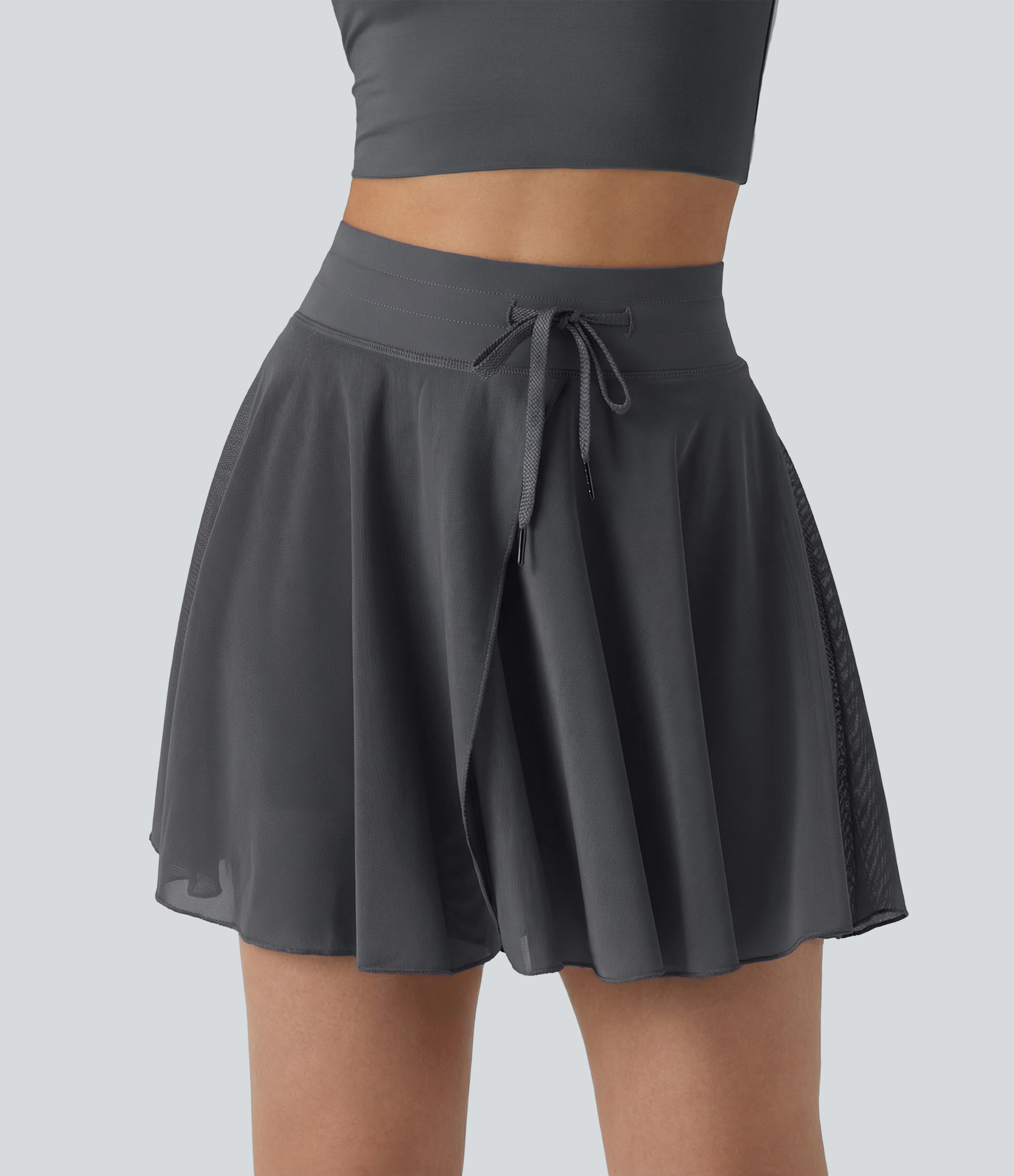 High Waisted Drawstring Contrast Mesh 2-in-1 Pocket Flowy Mini Flare Casual Skirt-Longer Length