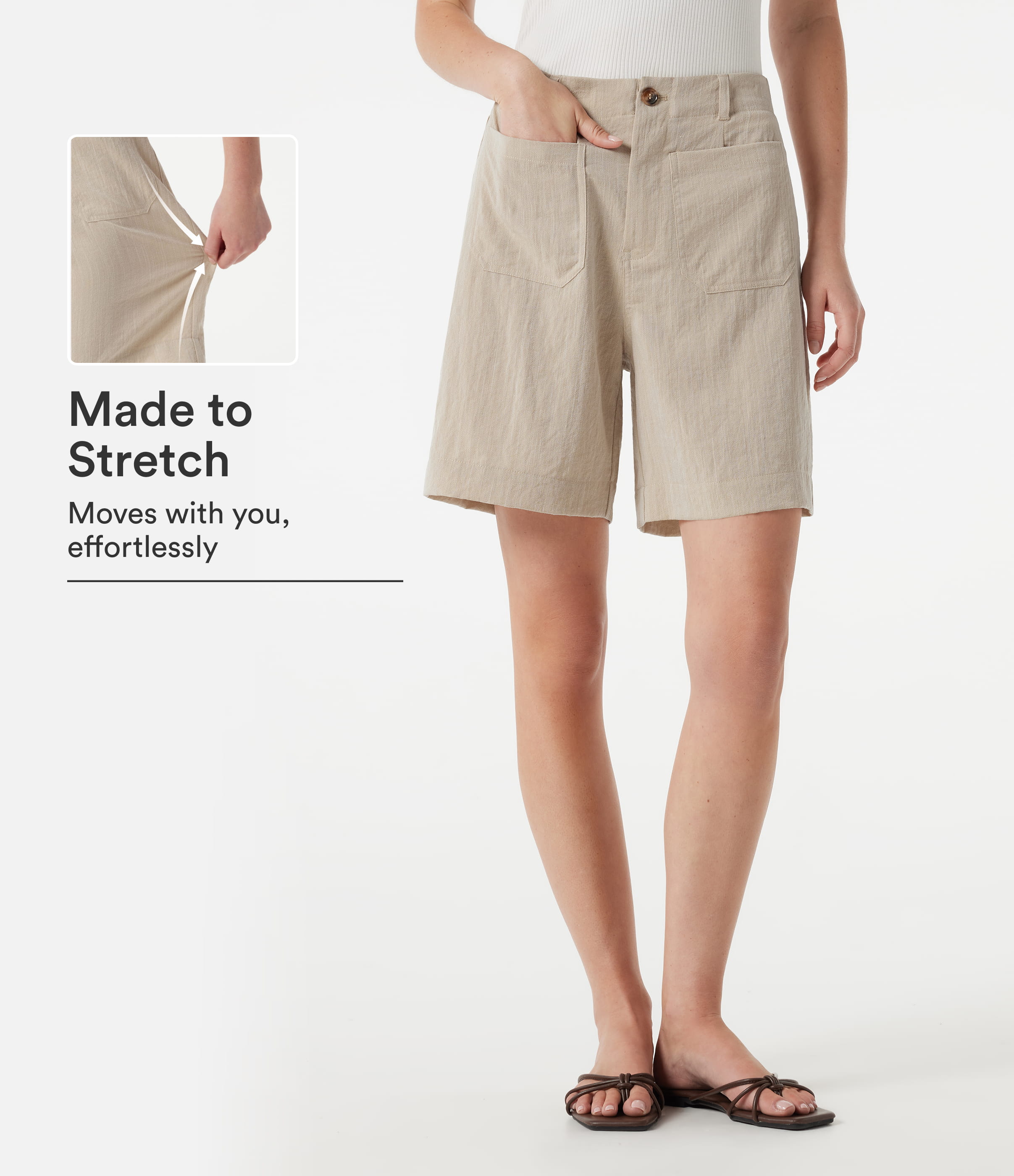 High Waisted Casual Linen-Feel Shorts 7'' with Pockets