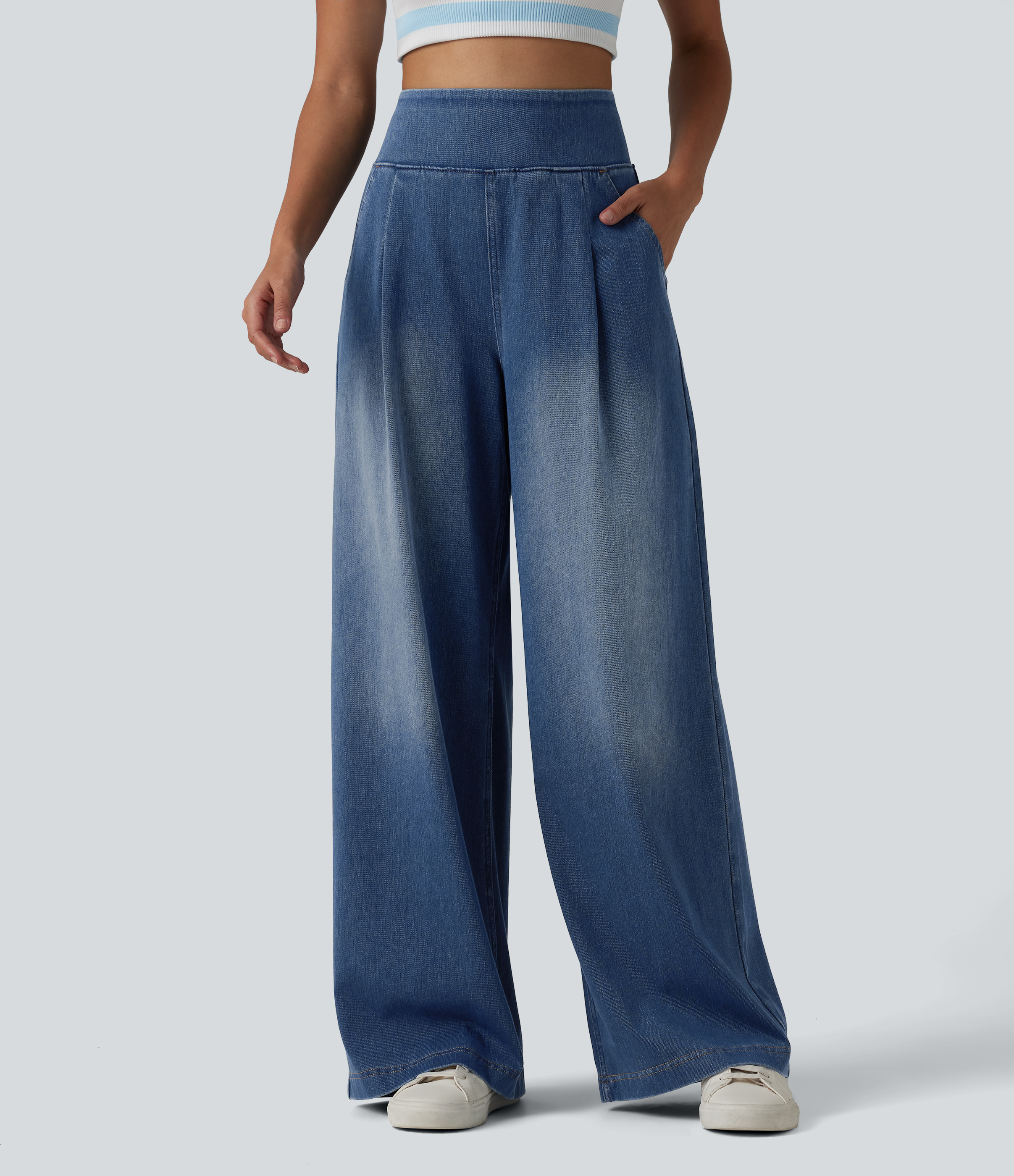 Halara Flex™ High Waisted Wide Leg Washed Casual Jeans with Pockets