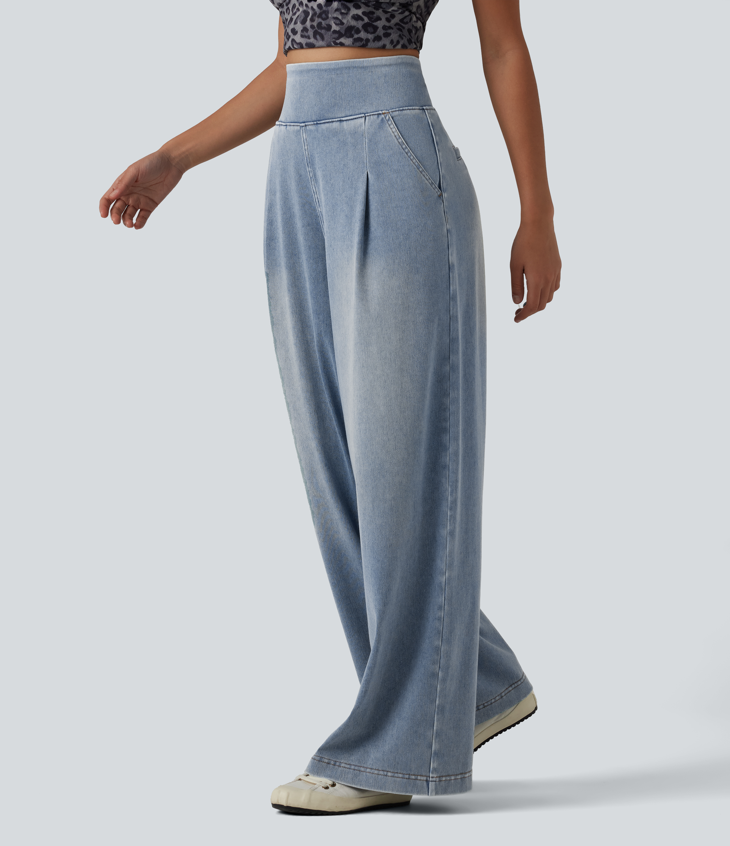 Halara Flex™ hoch taillierte, weit geschnittene, gewaschene Casual-Jeans mit Taschen