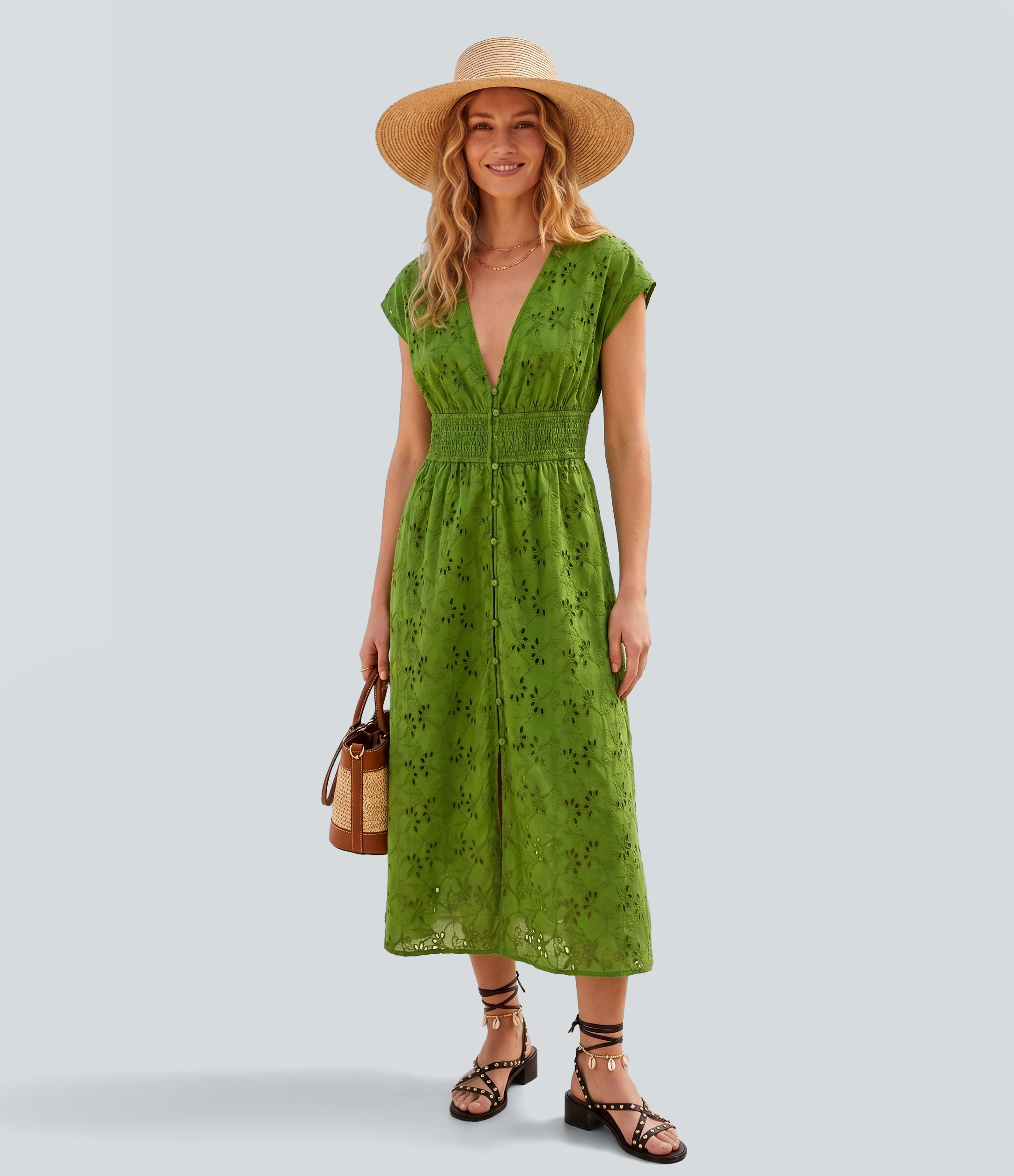 Deep V Neck Short Sleeve Shirred Embroidery Midi Casual Dress