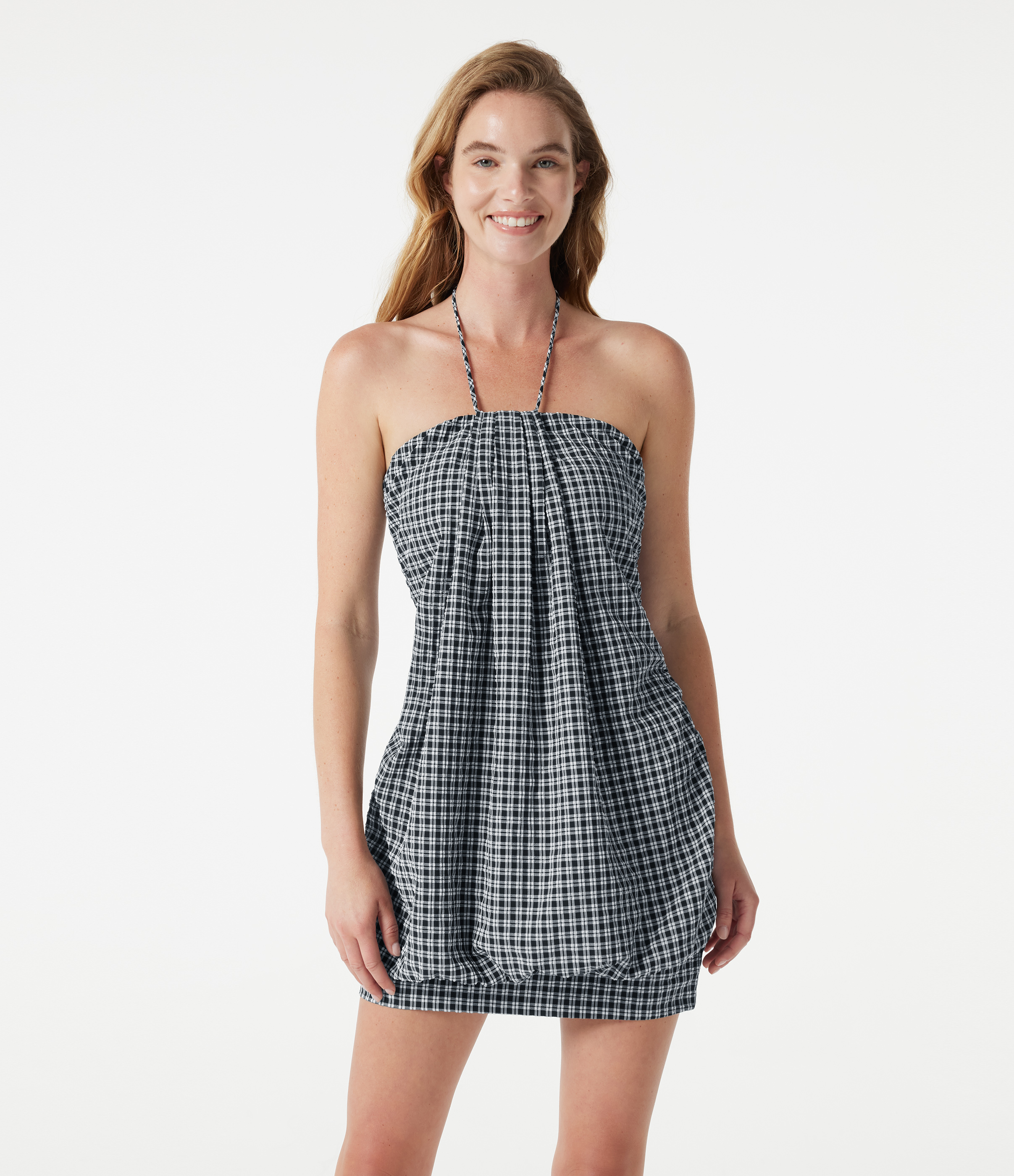 Halter Tie Back Built-in Bra Bodycon Gingham Micro Mini Resort Dress