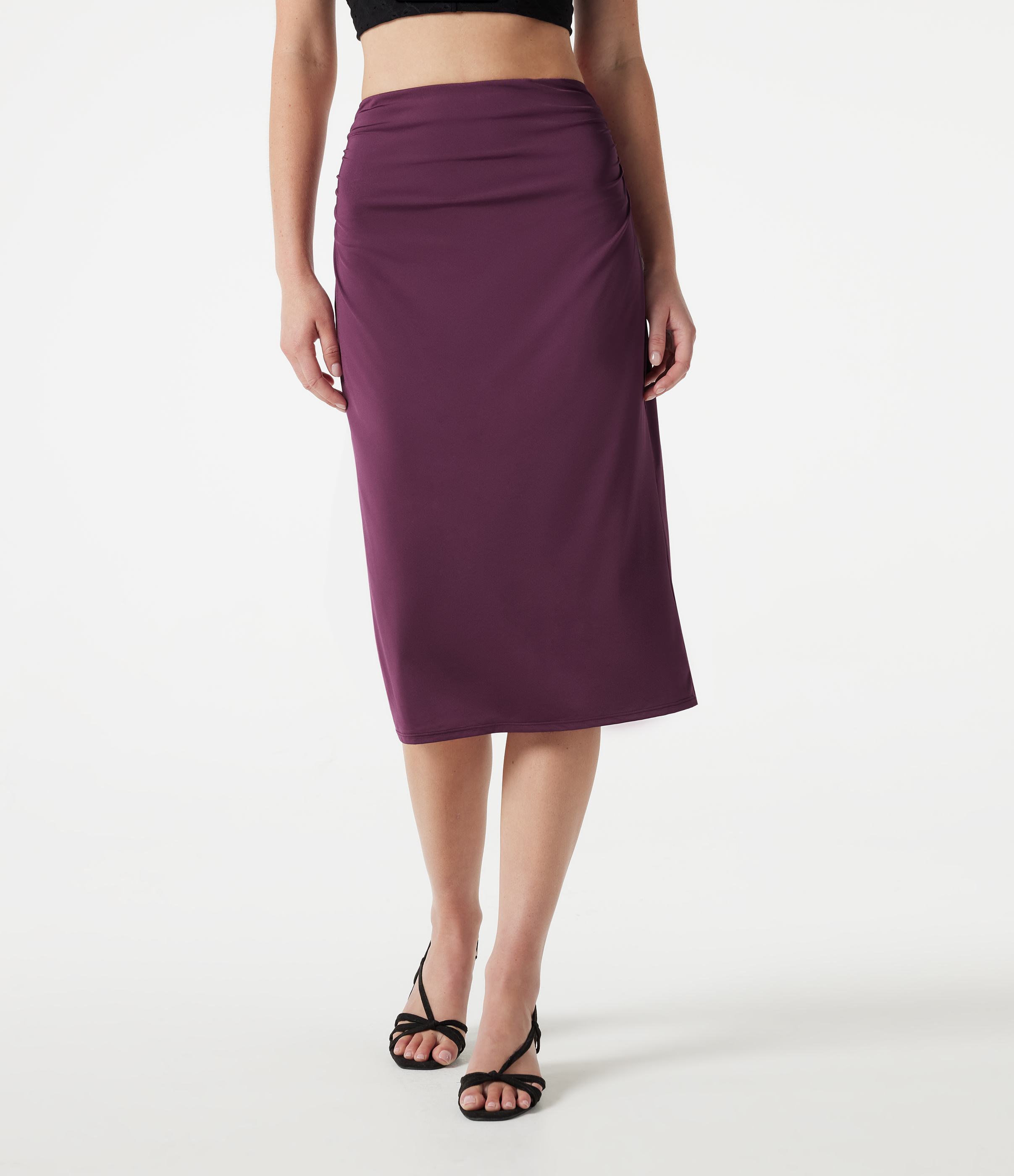 High Waisted Ruched Stretchy Satin-Like Cool Touch Midi Casual Pencil Skirt