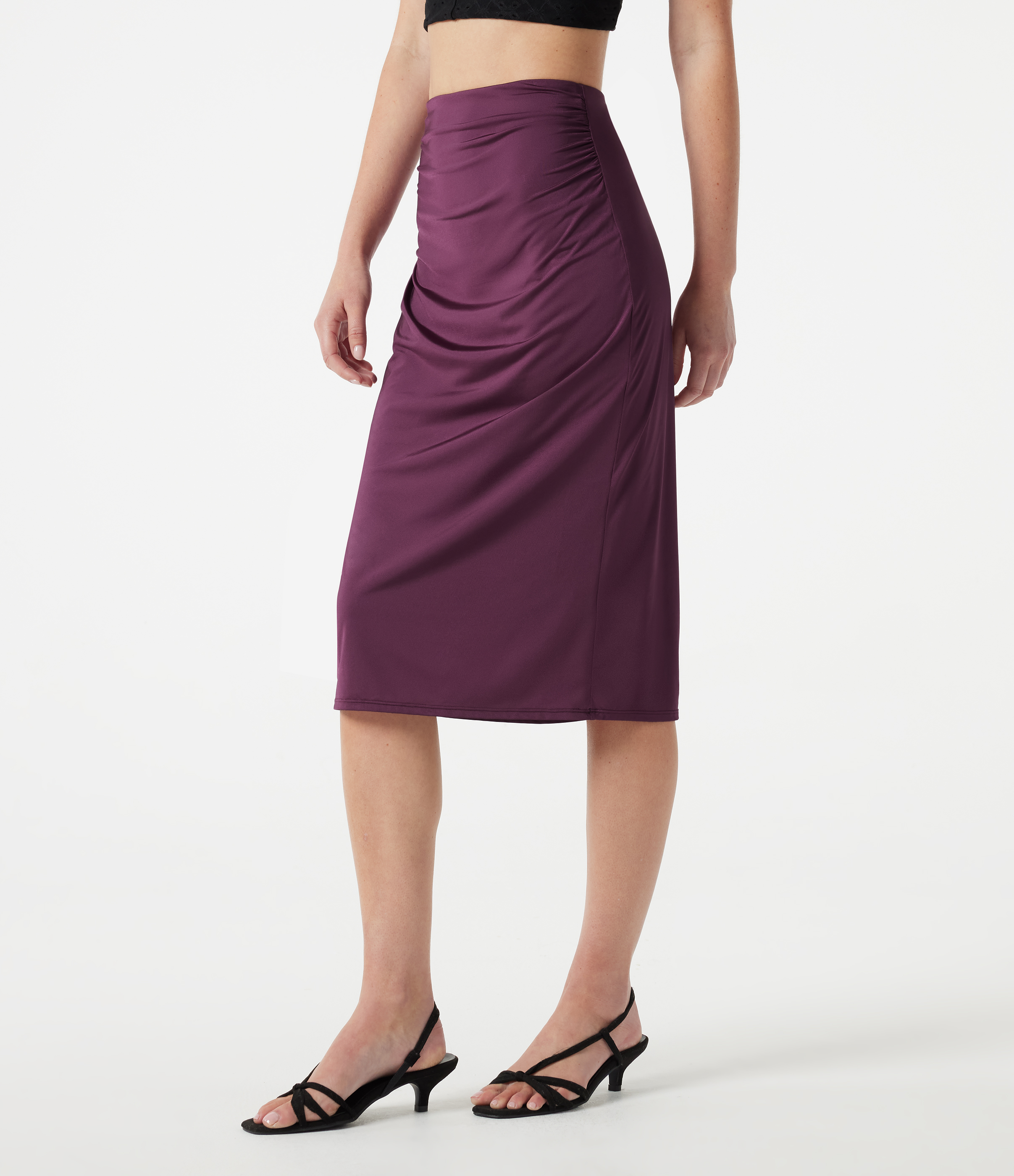 High Waisted Ruched Stretchy Satin-Like Cool Touch Midi Casual Pencil Skirt