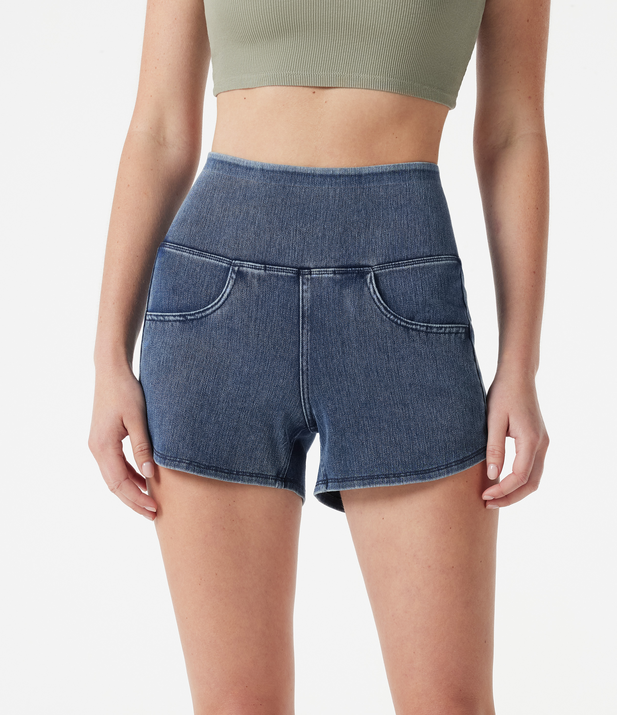 Tide Blue Denim Halara Flex™ Denim High-waisted Curved Hem Skinny Casual Shorts with Pockets / 2