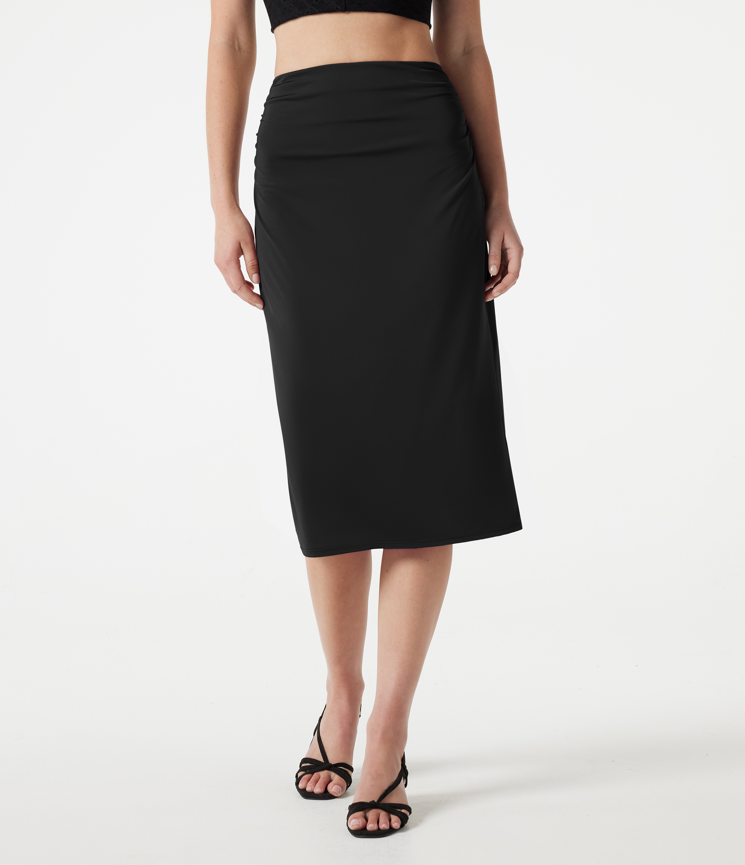 High Waisted Ruched Stretchy Satin-Like Cool Touch Midi Casual Pencil Skirt