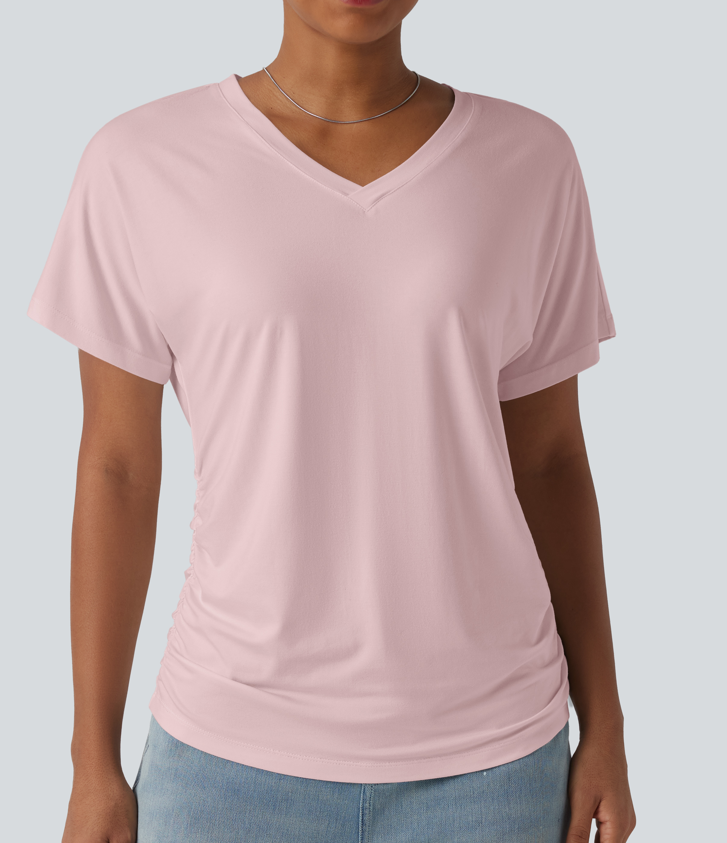V-neck Short Sleeve Ruched Plain Casual T-Shirt