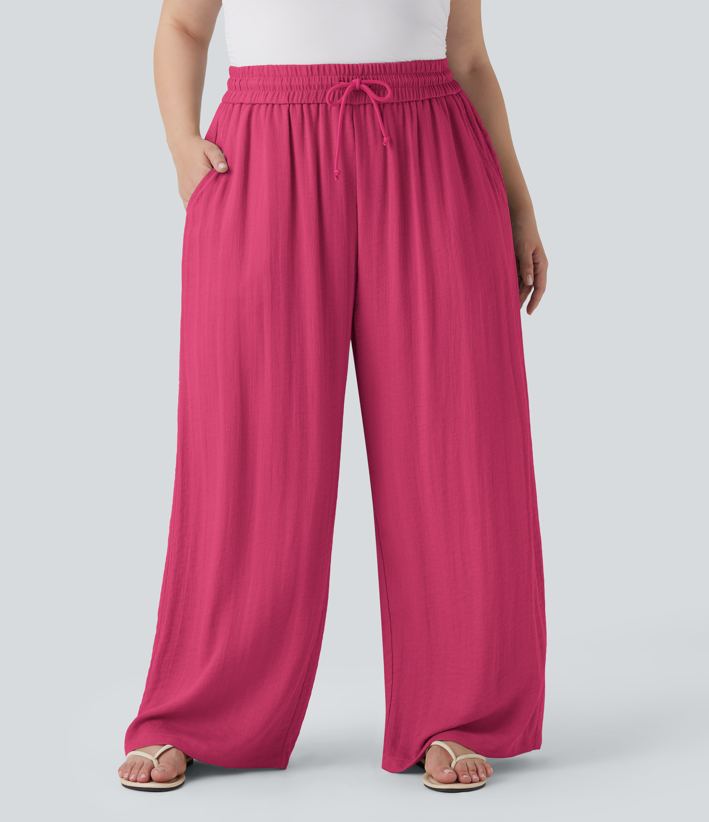 High Waisted Drawstring Linen-Feel Wide Leg Casual Plus Size Trousers with Pockets
