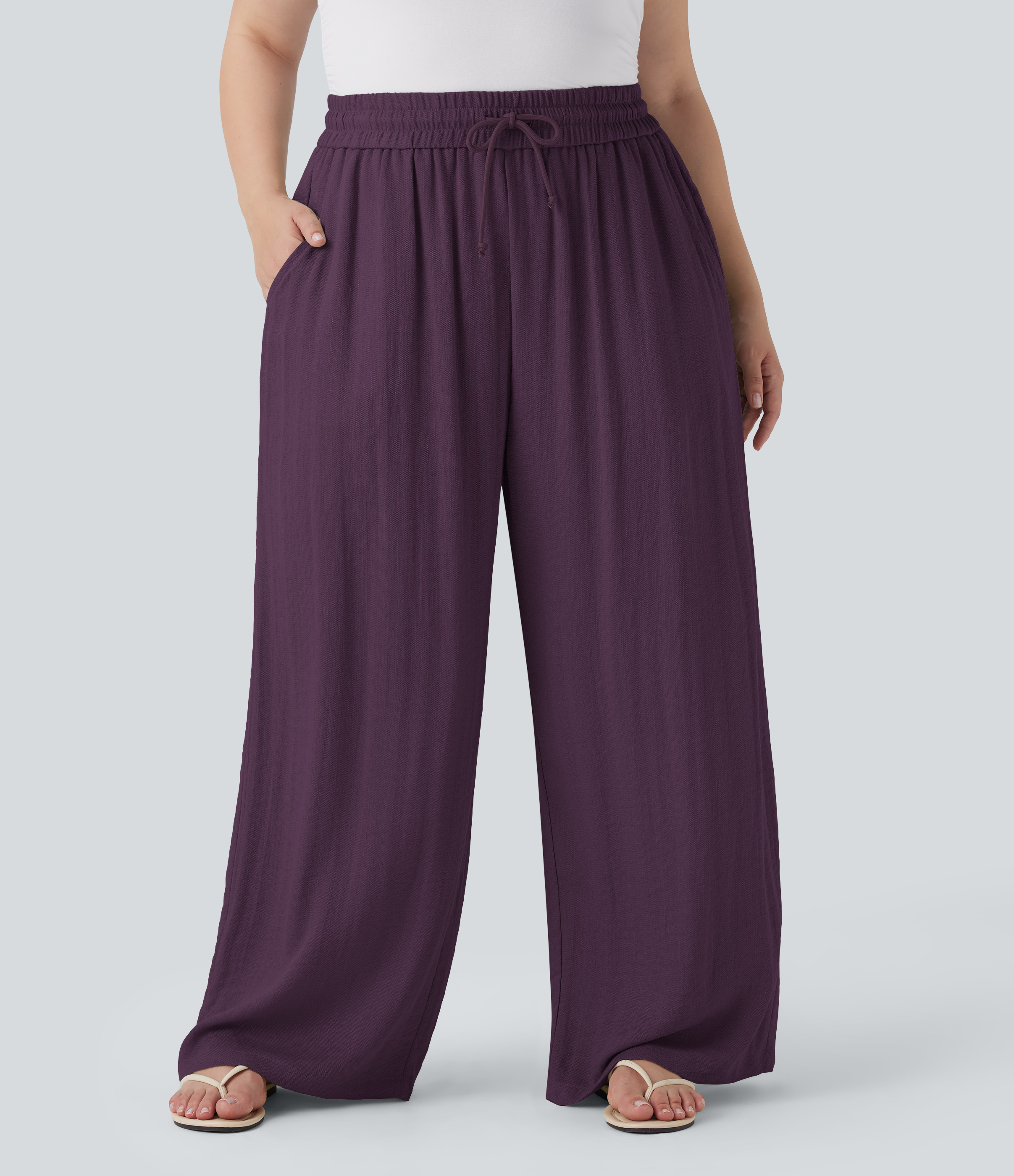 High Waisted Drawstring Linen-Feel Wide Leg Casual Plus Size Trousers with Pockets