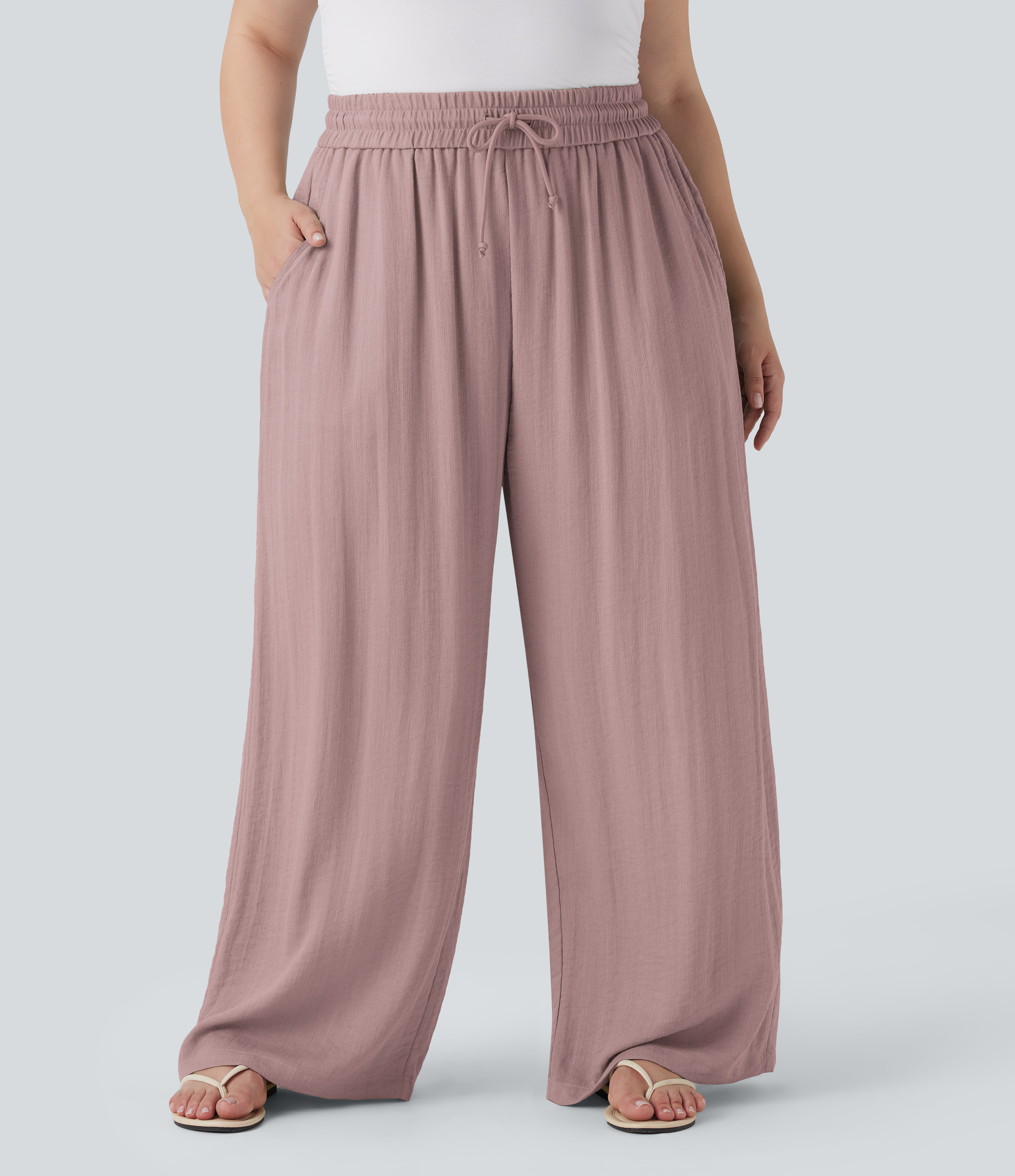 High Waisted Drawstring Linen-Feel Wide Leg Casual Plus Size Trousers with Pockets