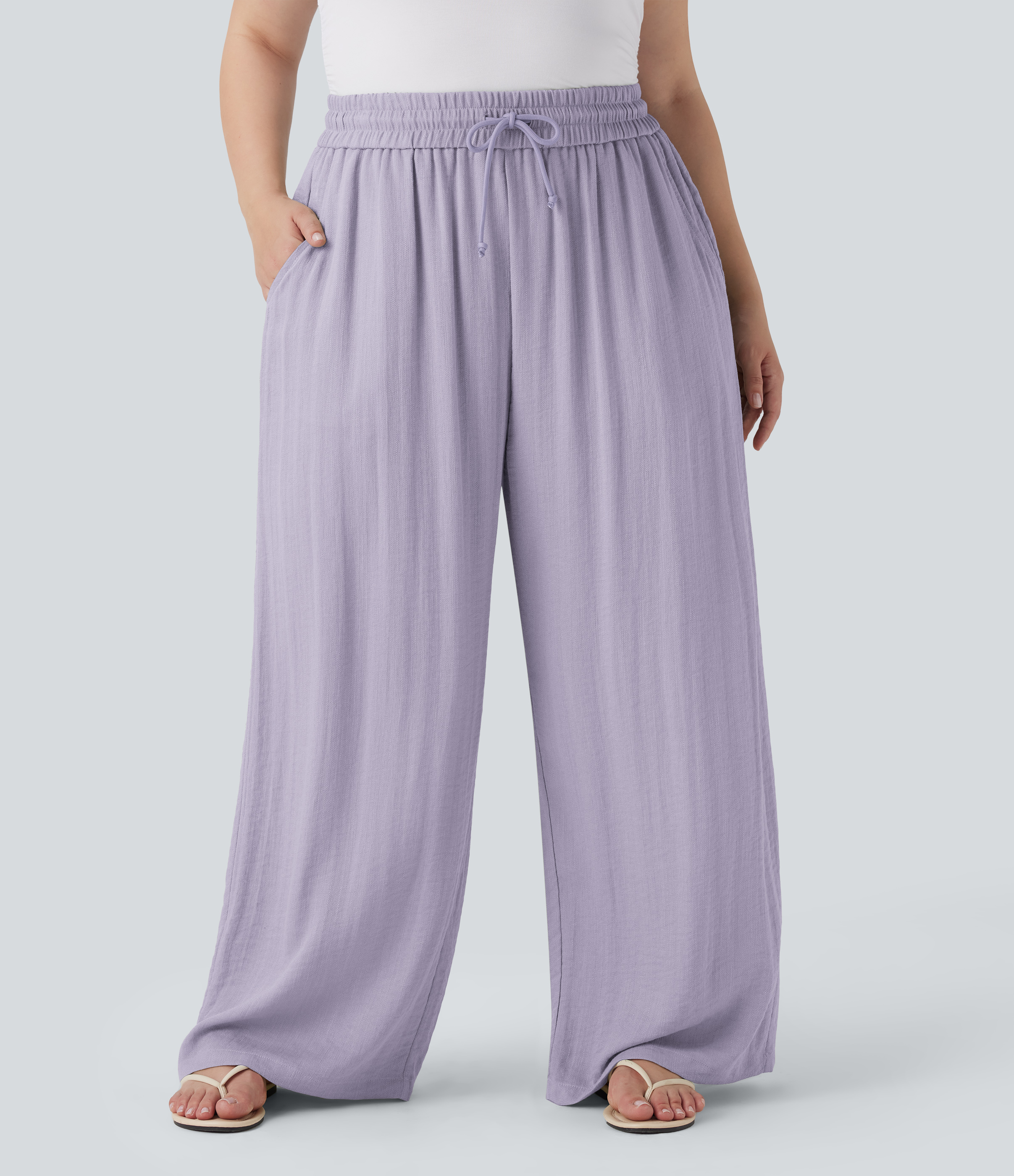 High Waisted Drawstring Linen-Feel Wide Leg Casual Plus Size Pants with Pockets