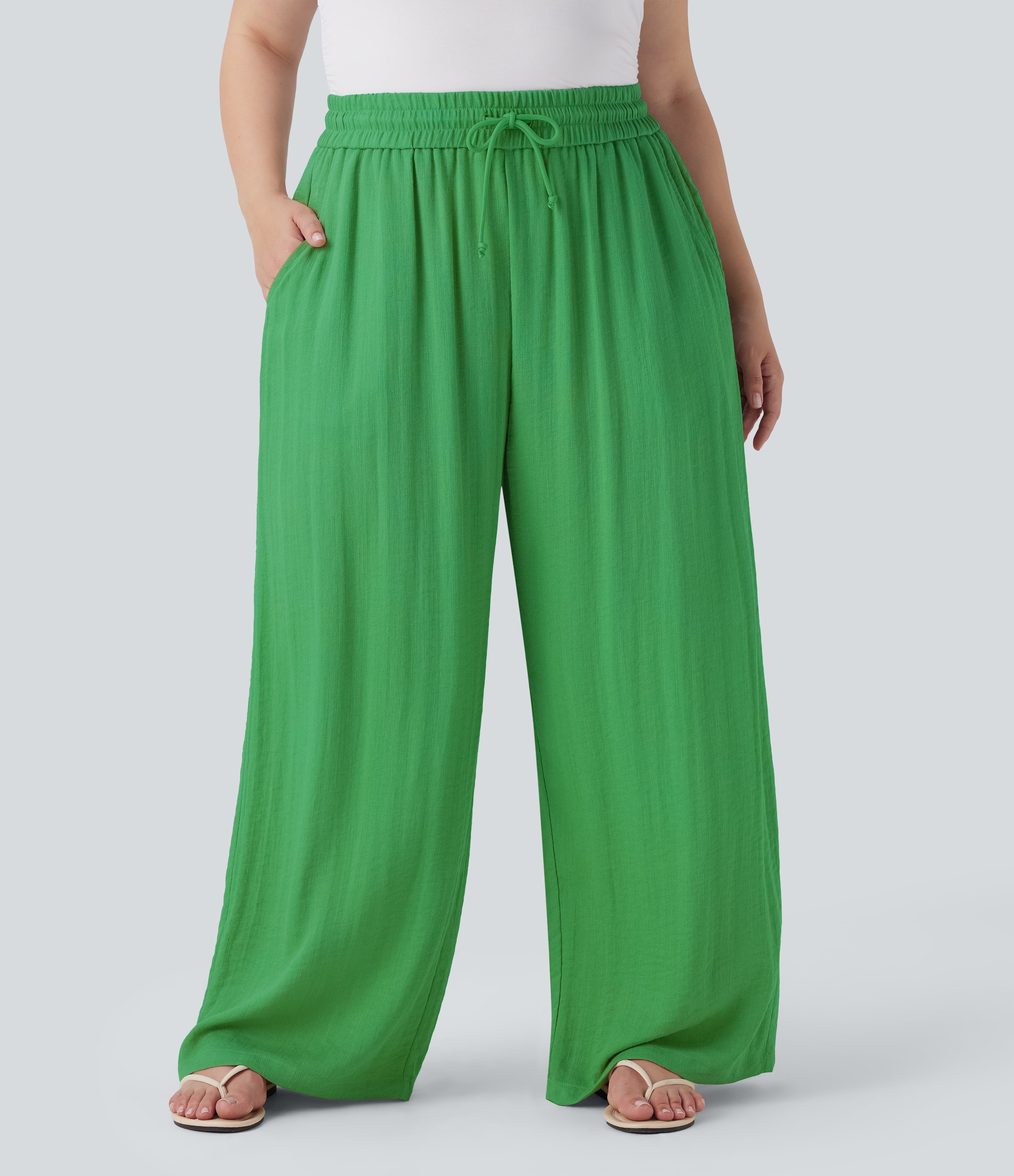 High Waisted Drawstring Linen-Feel Wide Leg Casual Plus Size Pants with Pockets
