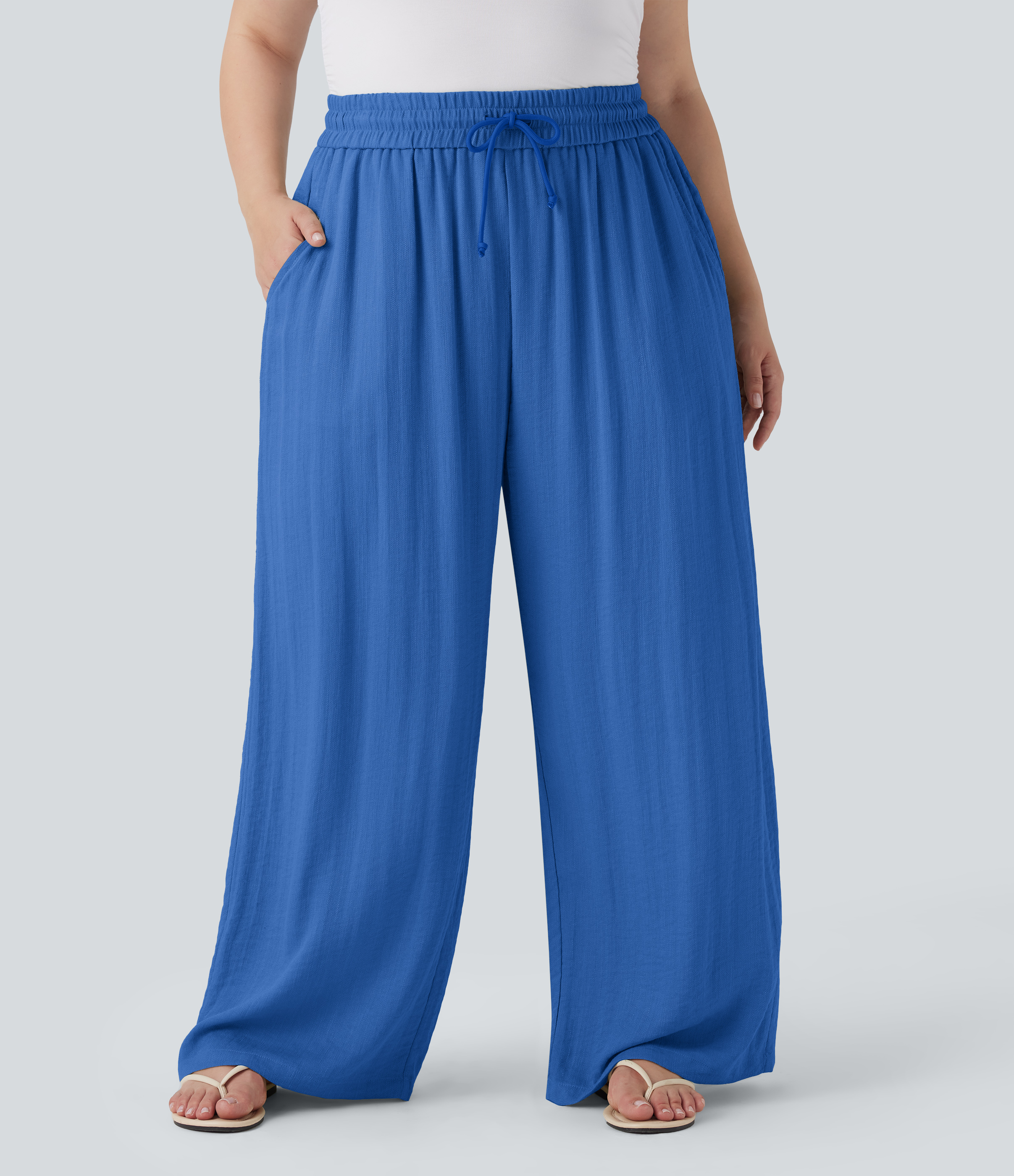 High Waisted Drawstring Linen-Feel Wide Leg Casual Plus Size Trousers with Pockets