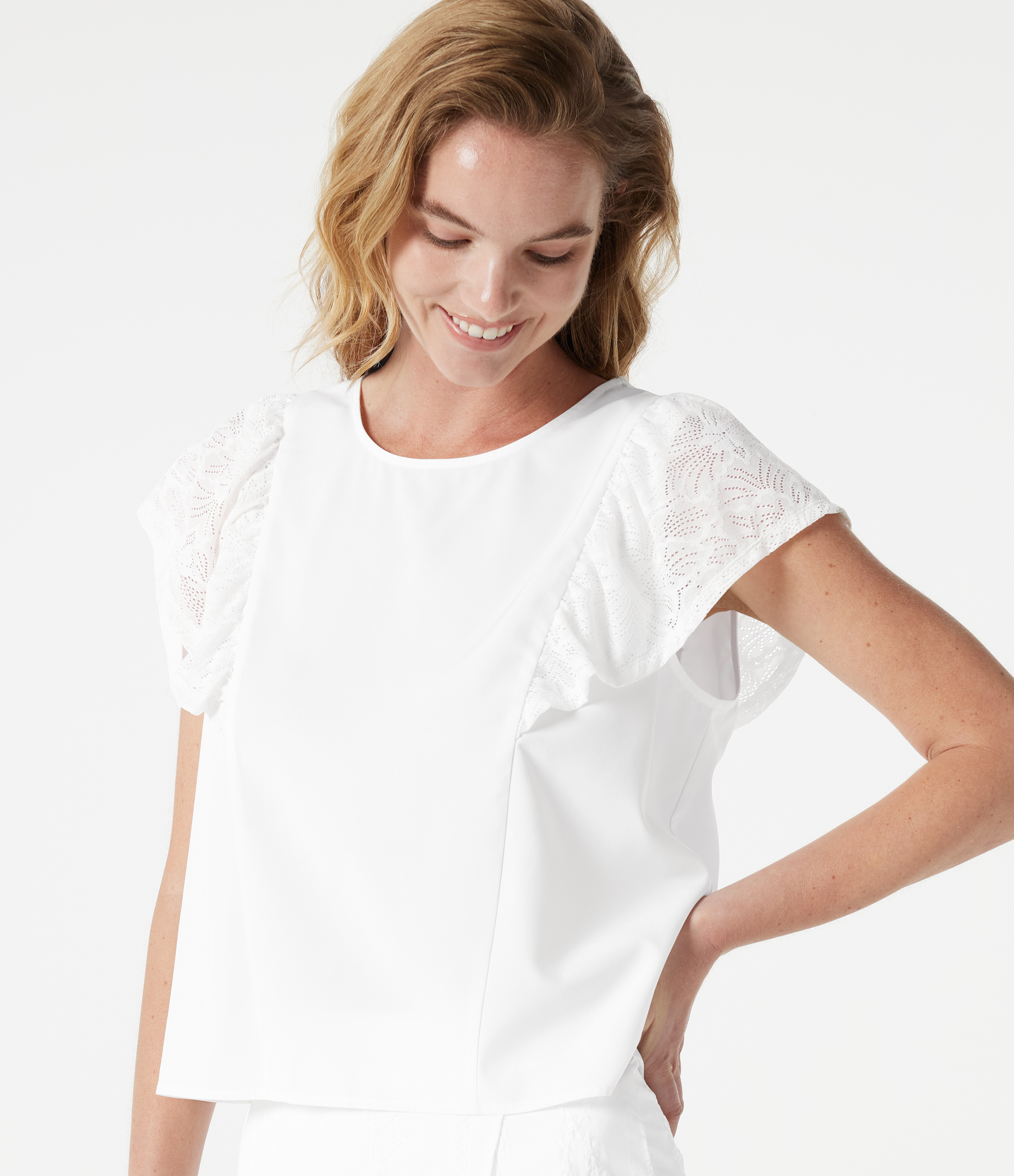 Round Neck Keyhole Back Contrast Lace Flounce Sleeve Casual Blouse