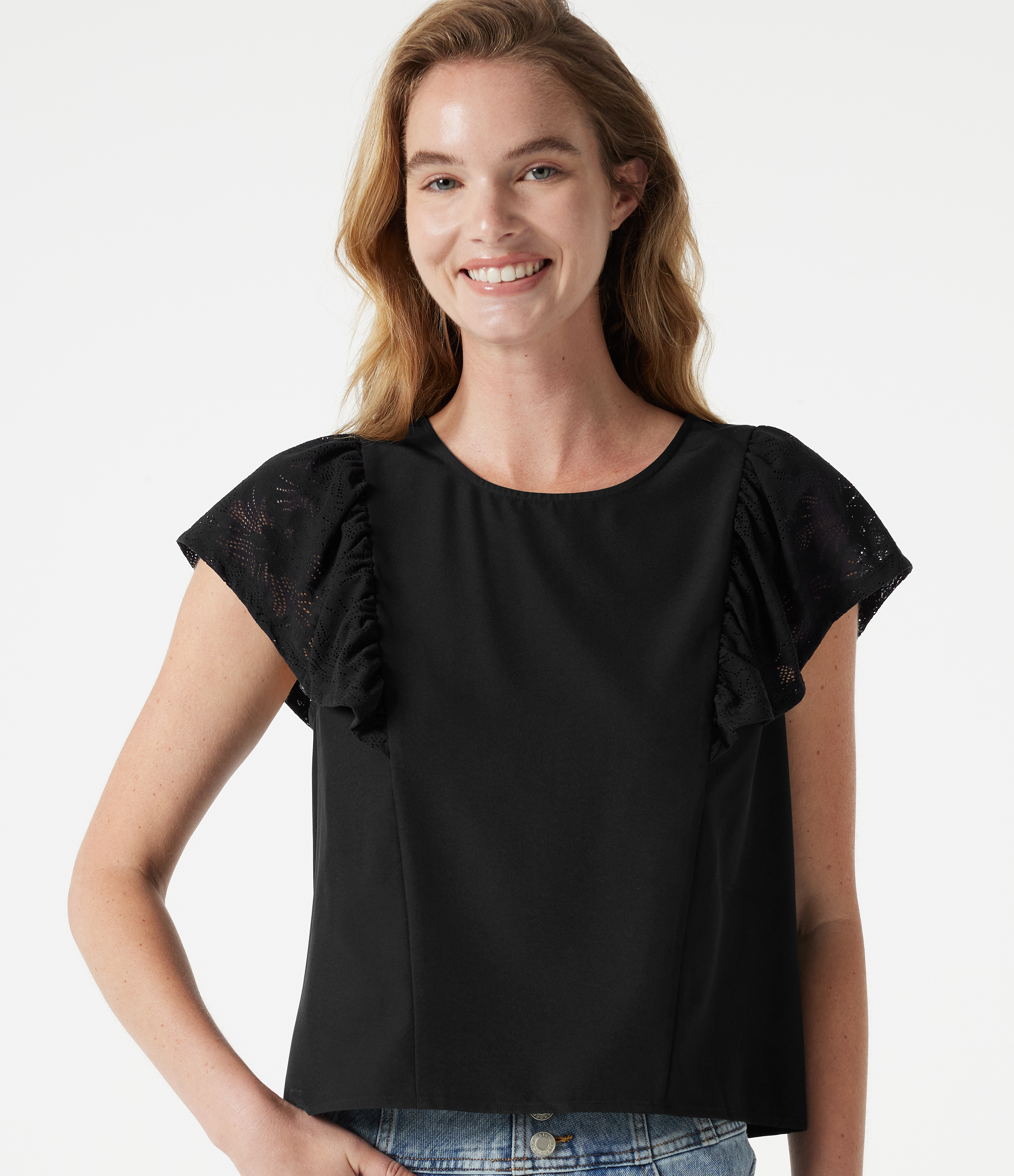 Round Neck Keyhole Back Contrast Lace Flounce Sleeve Casual Blouse