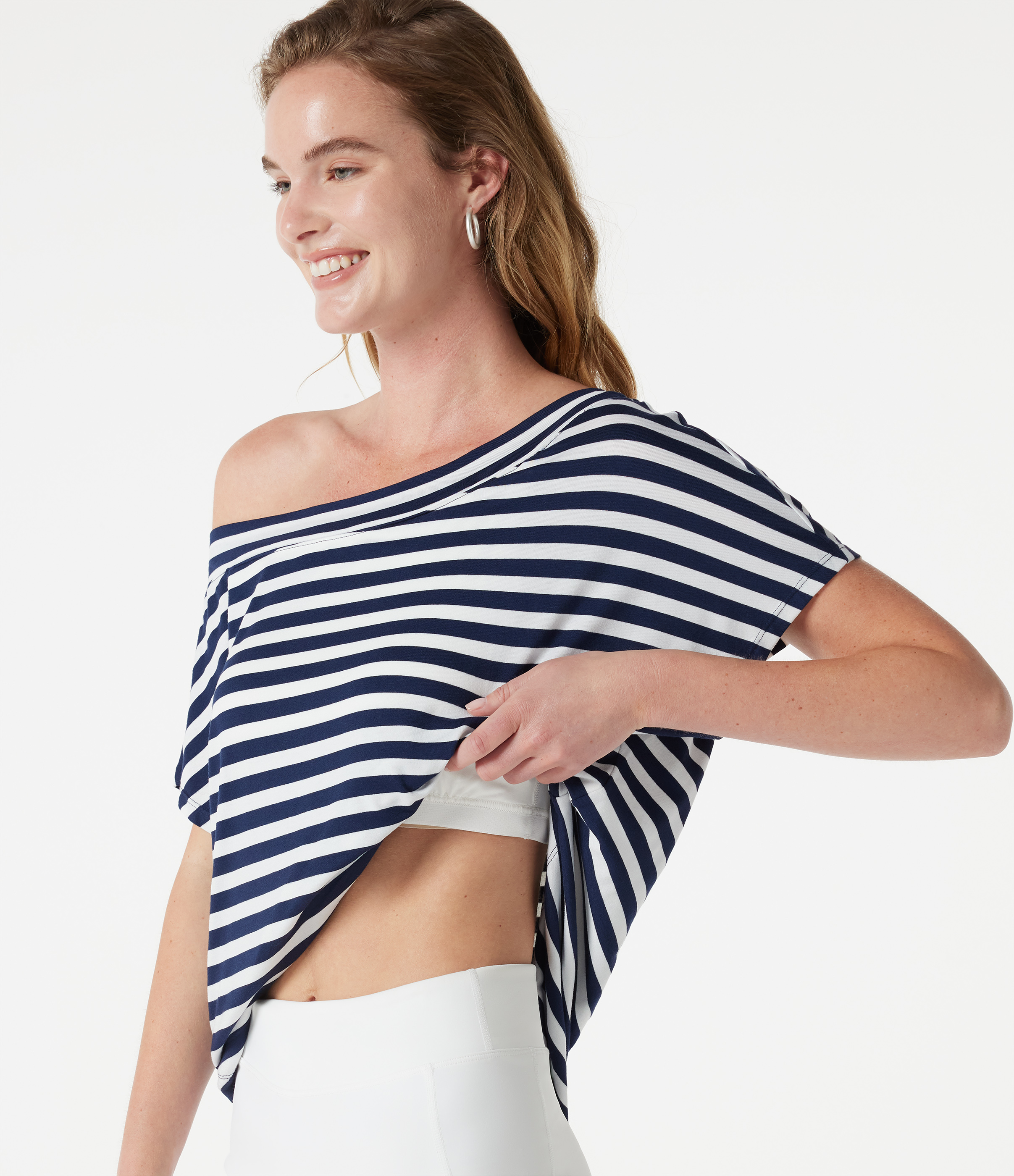 One Shoulder Short Sleeve Curved Hem Striped Built-in Bra Casual Top