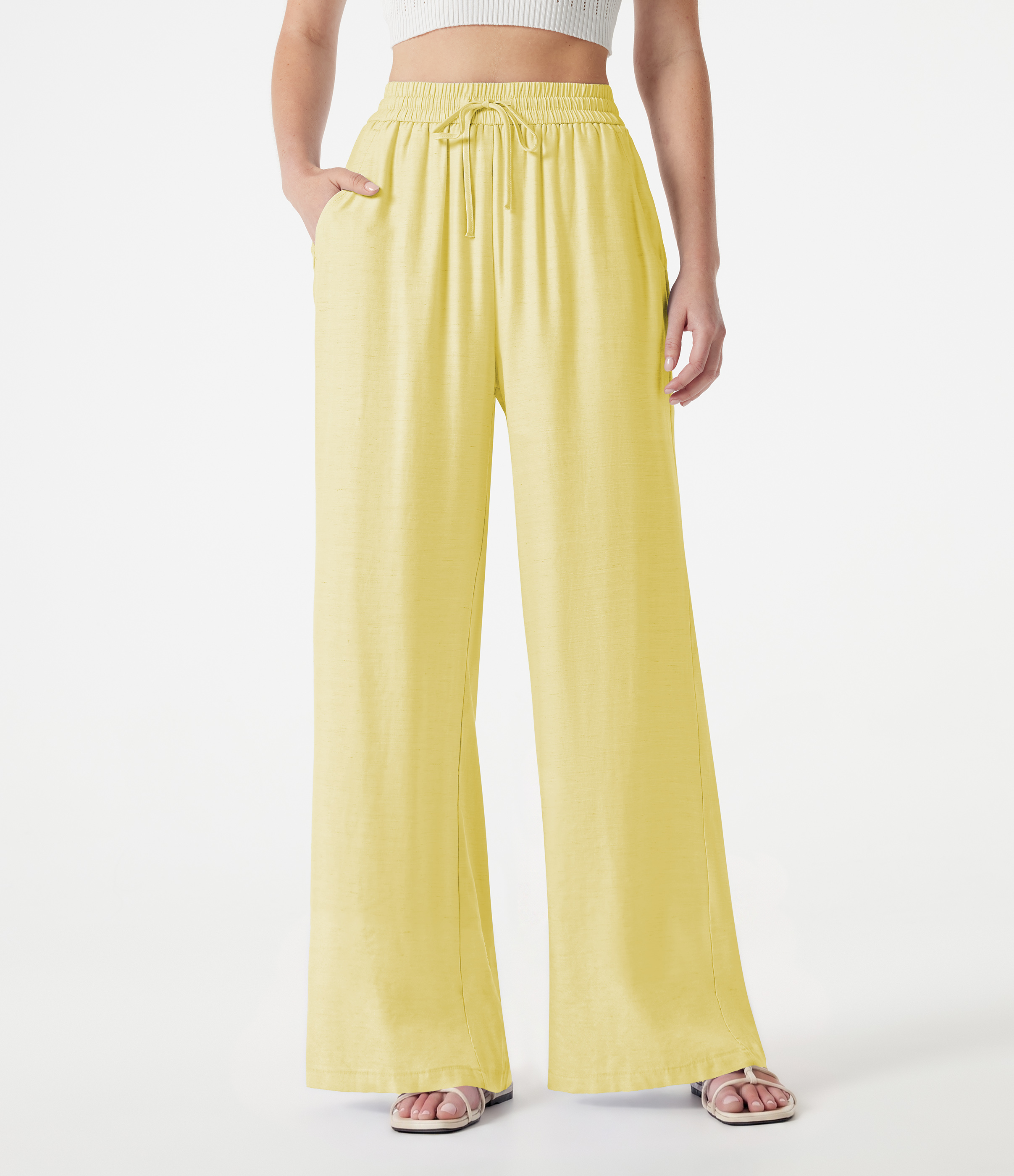 High Waisted Drawstring 2-in-1 Wide Leg Casual Linen-Blend Pants with Pockets