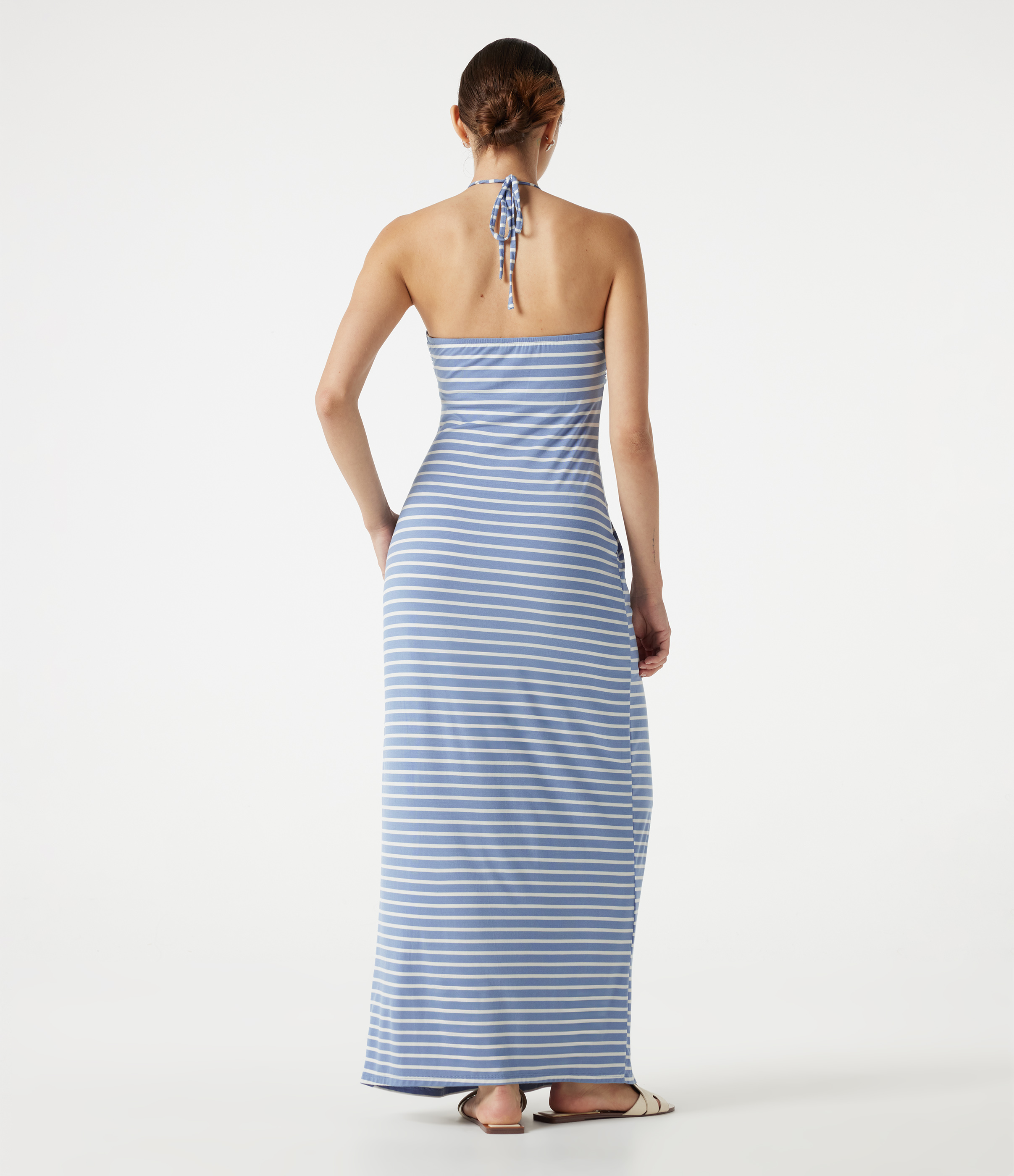 Blue Horizon Sky Halter Tie Back Built-in Bra Striped Maxi Resort Dress with Pockets / 2