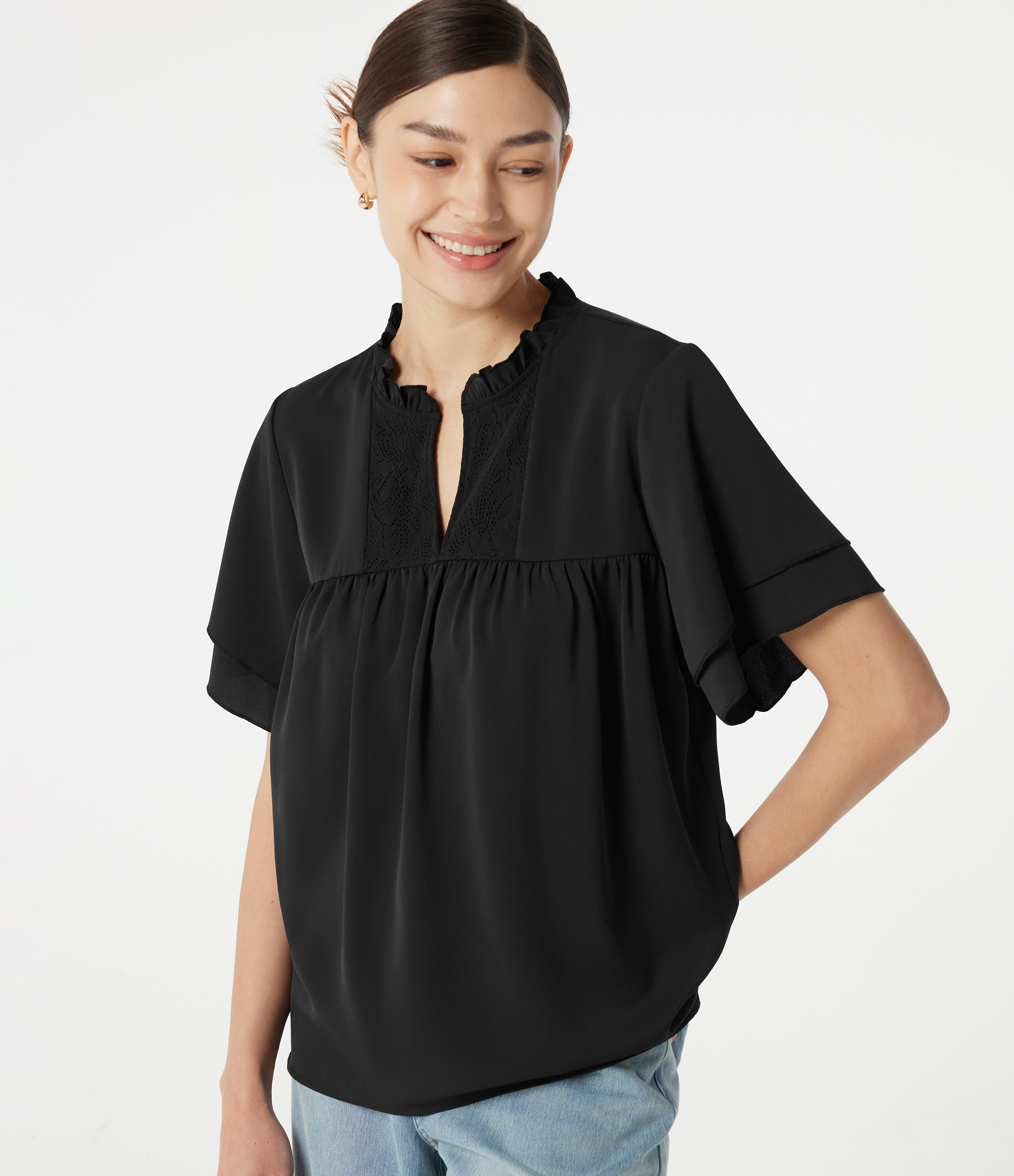 V Neck Ruffle Short Sleeve Contrast Lace Casual Blouse