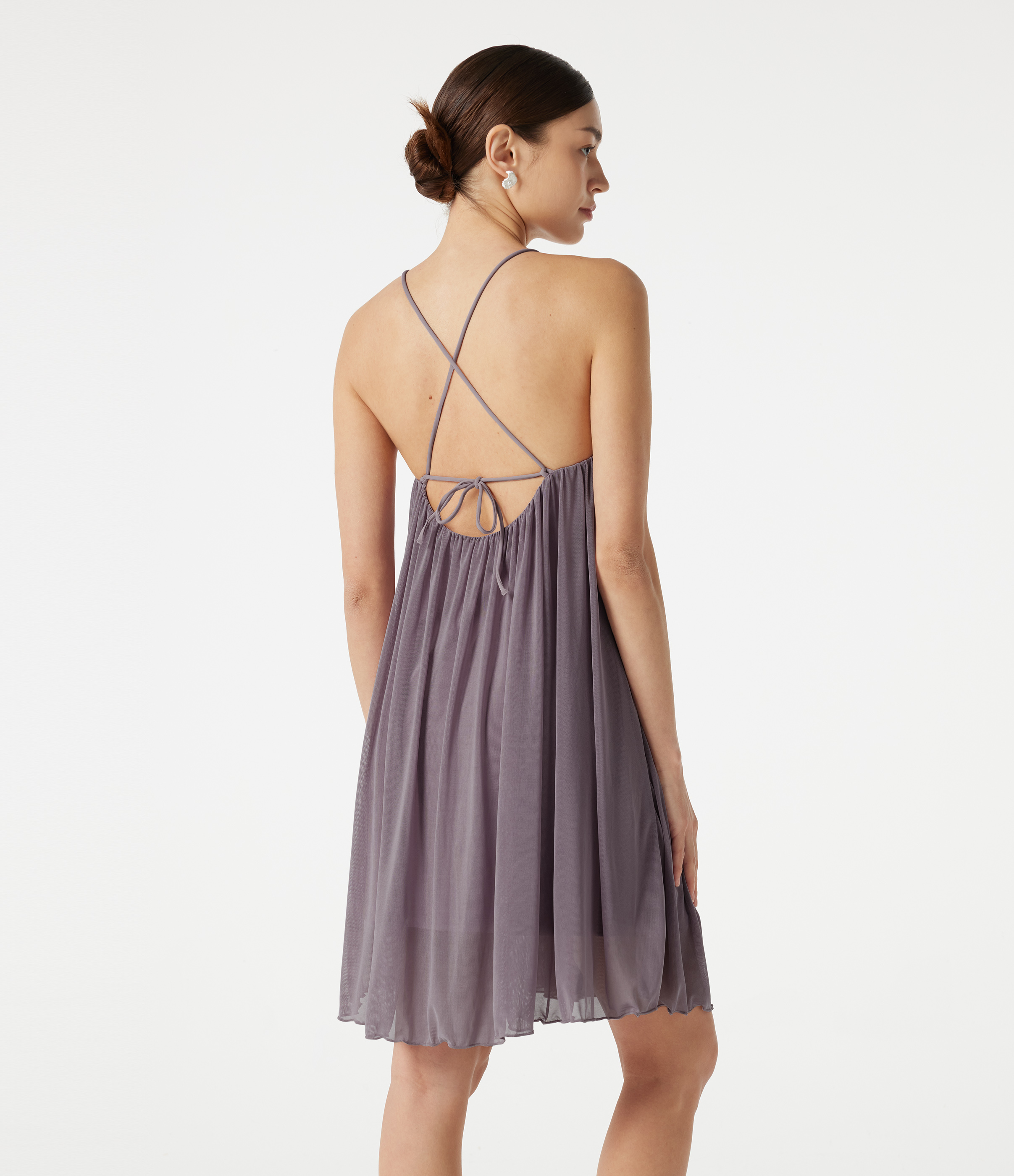 V Neck Tie Back Mesh Mini Resort Slip Dress