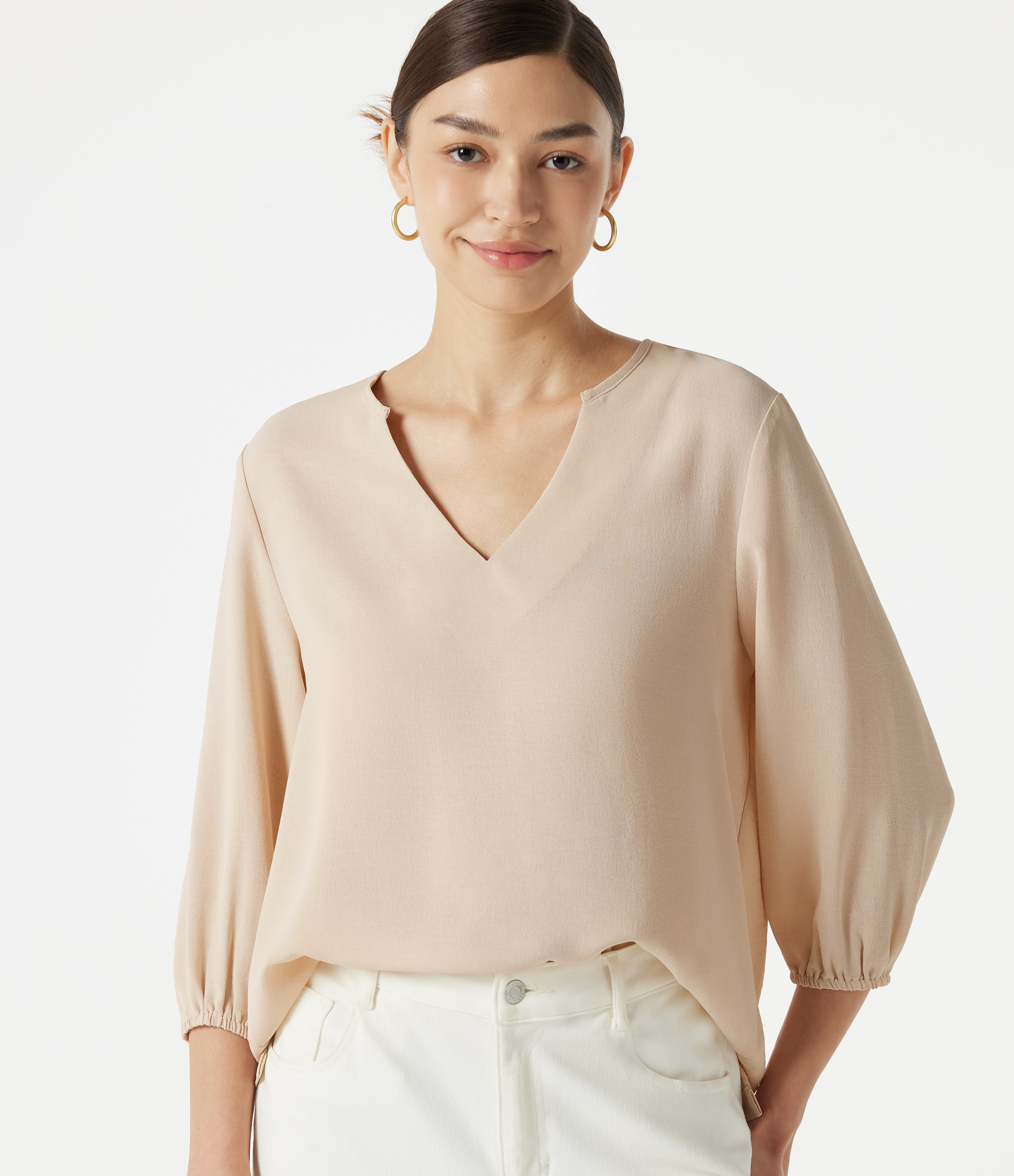 V Neck 3/4 Sleeve Casual Linen-Feel Top