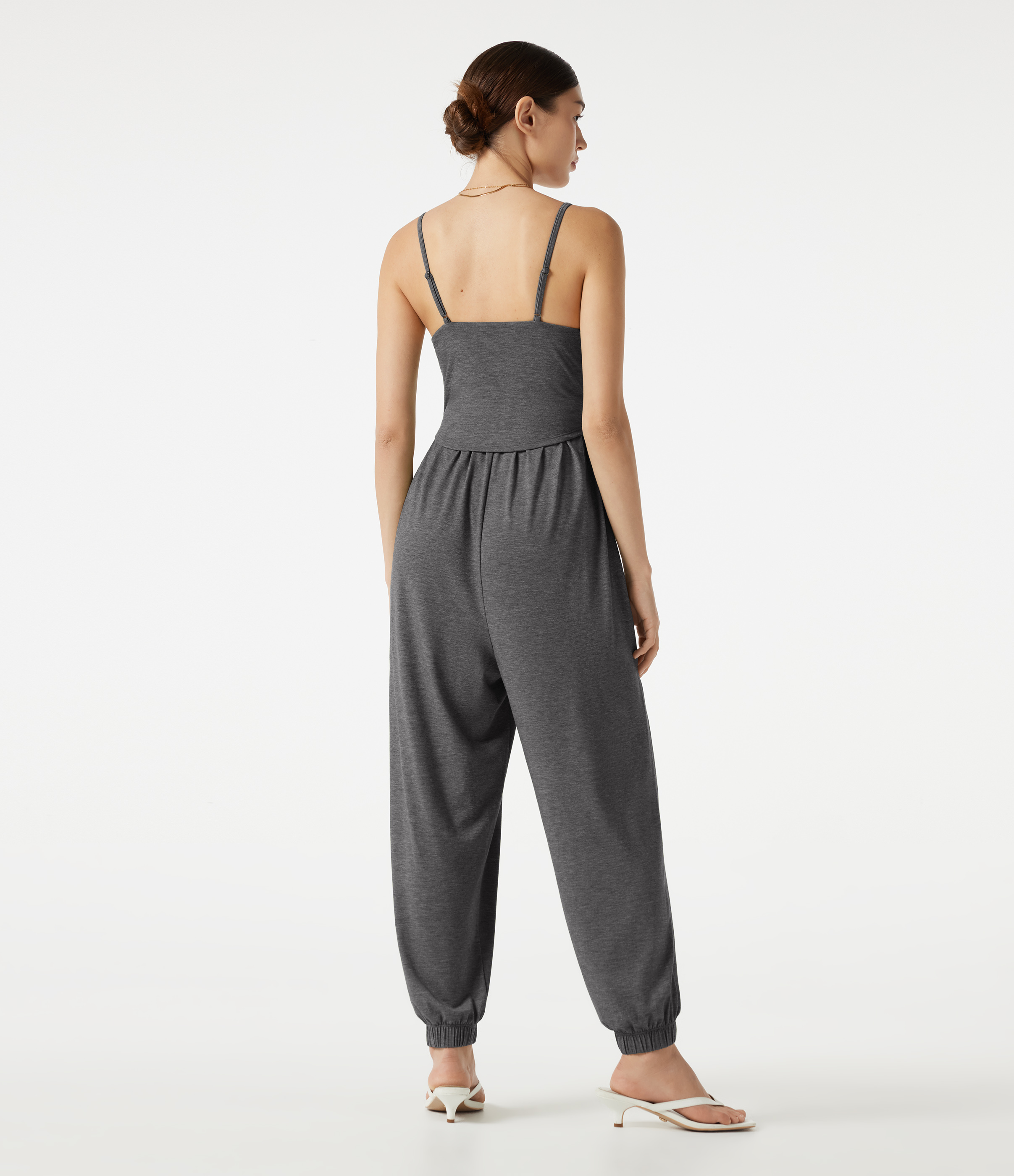 Darl Gray Floral Yarn Adjustable Straps Ruched Built-in Bra Heathered Casual Jogger Jumpsuit with Pockets-Easy Peezy / 2