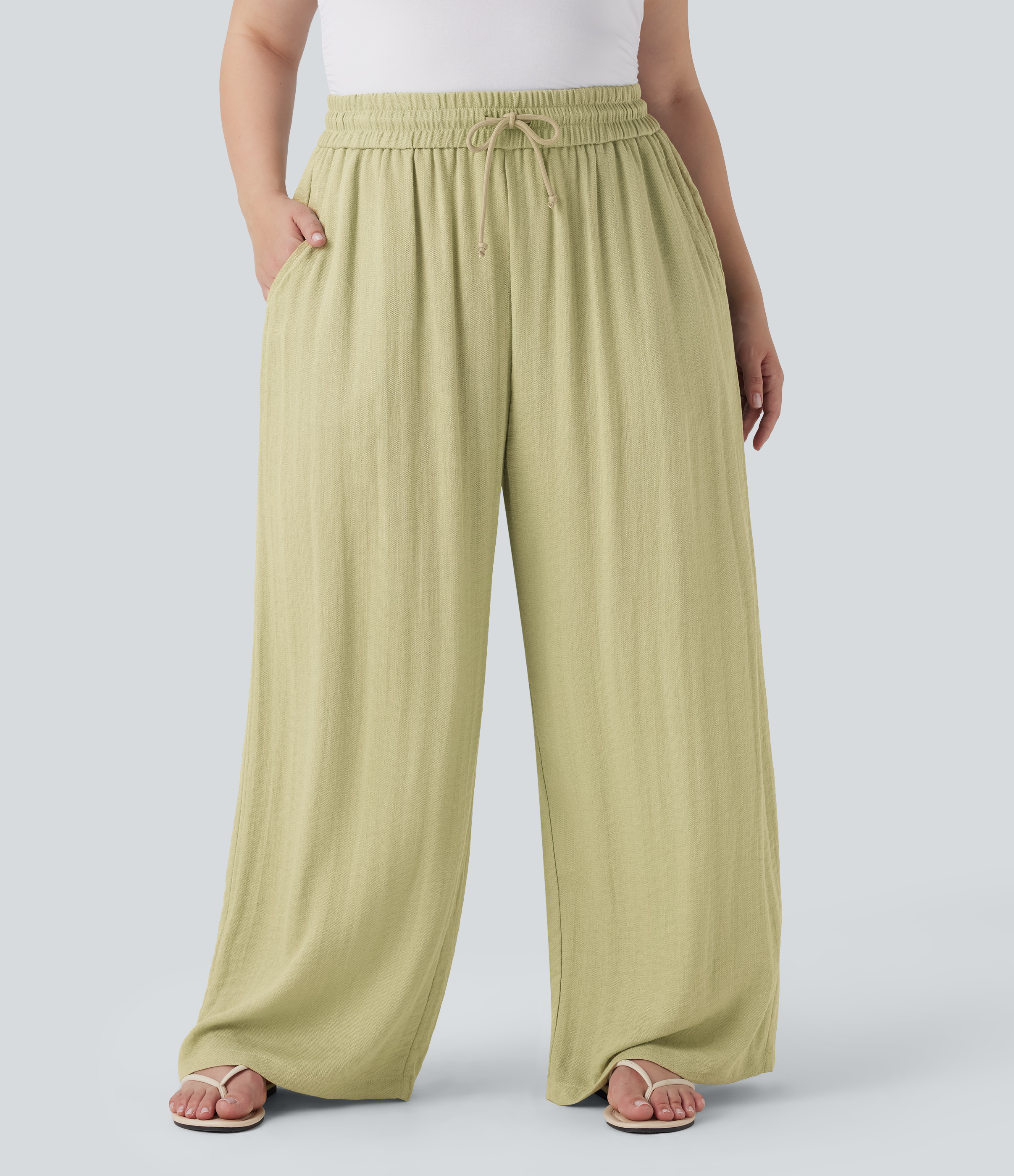High Waisted Drawstring Linen-Feel Wide Leg Casual Plus Size Pants with Pockets
