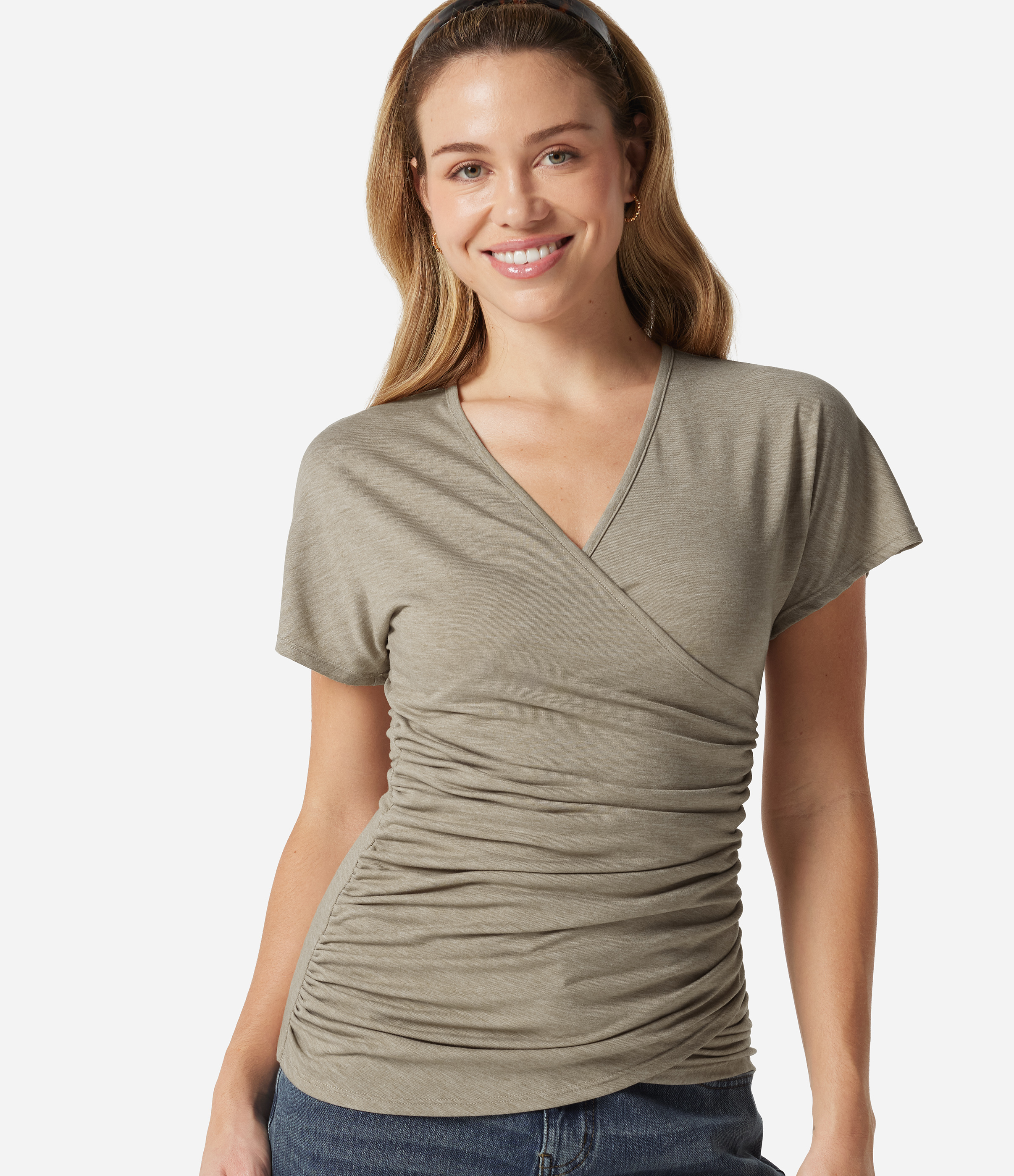 V Neck Short Sleeve Ruched Casual Top
